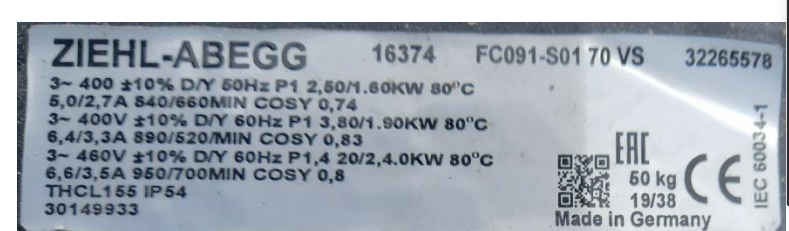 FC091-S01.70.VS ZIEHL-ABEGG Axial Fan 910 mm 400V 6 poles