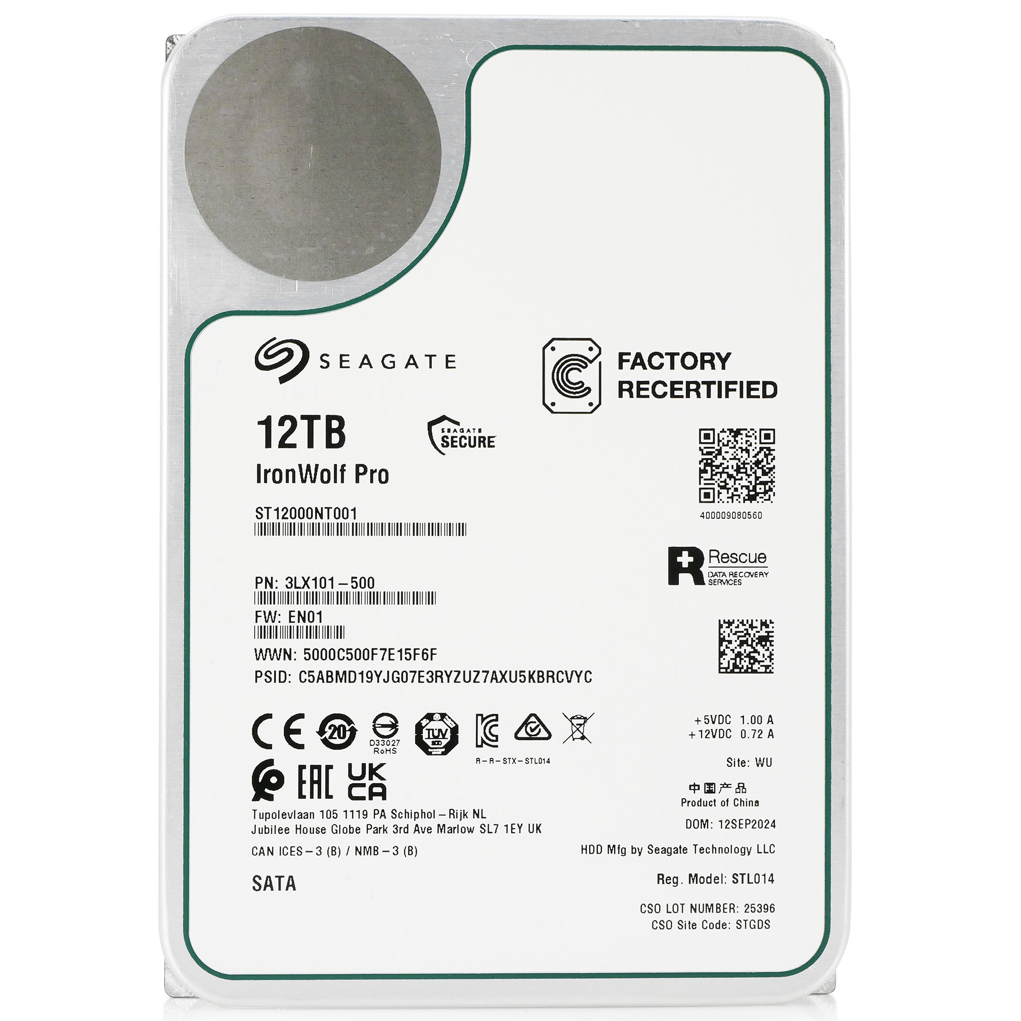 Seagate IronWolf Pro ST12000NT001 12TB 7.2K RPM SATA 6Gb/s 512e 3.5in Recertified Hard Drive