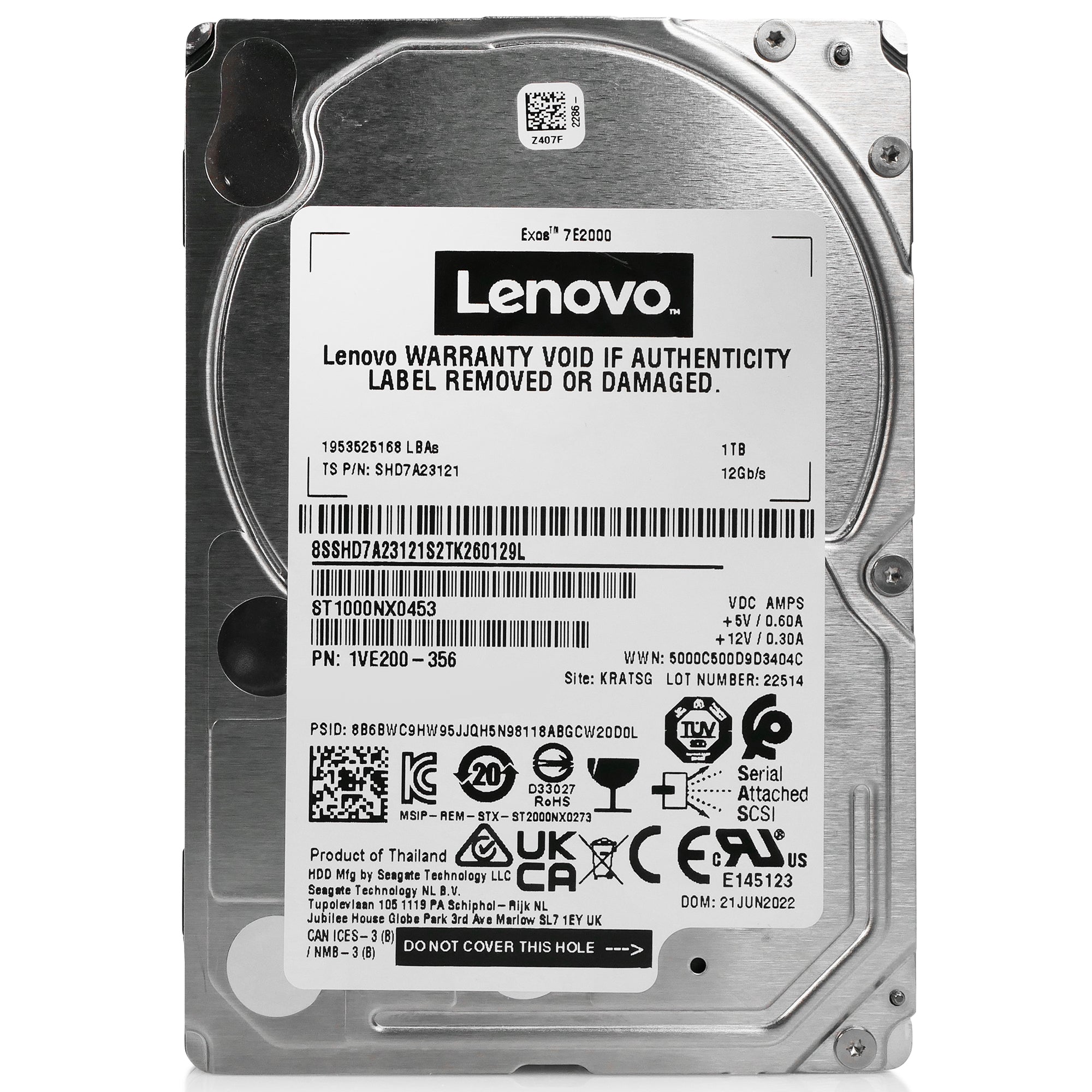 Seagate/Lenovo Exos 7E2000 ST1000NX0453 1TB 7.2K RPM SAS 12Gb/s 512n 2.5in Hard Drive