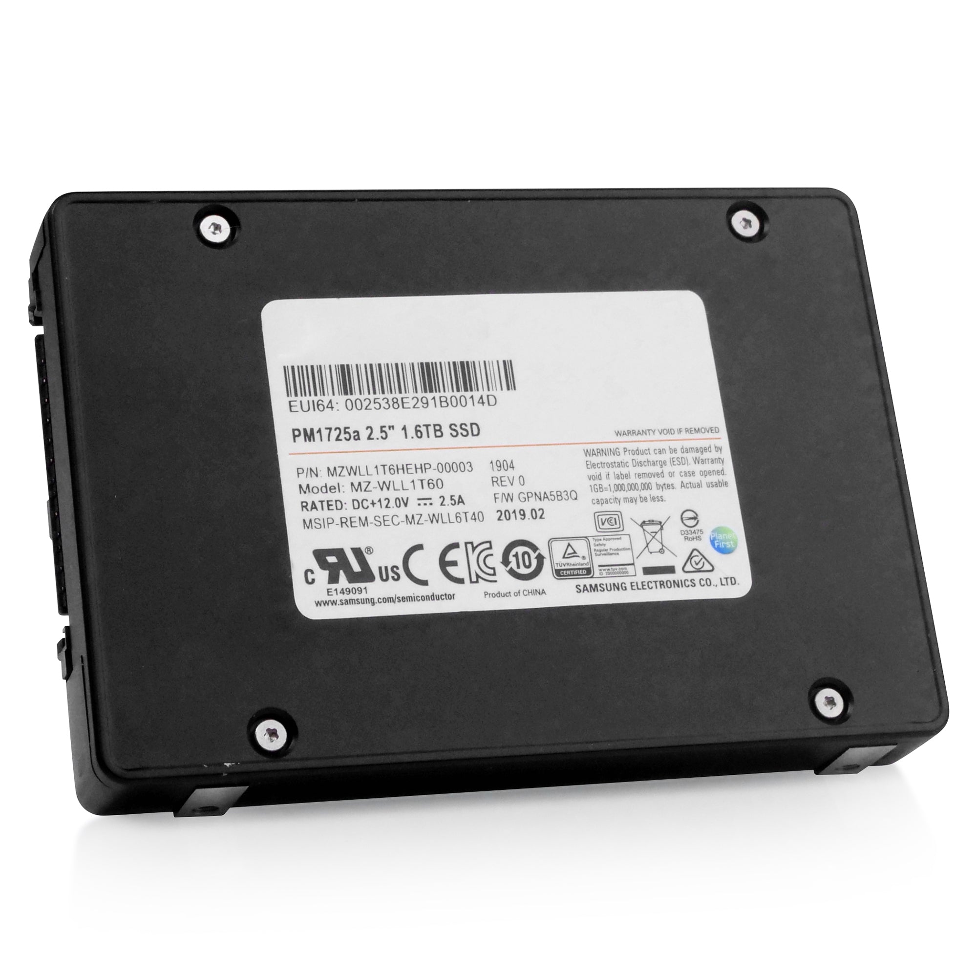 Samsung PM1725a MZWLL1T6HEHP 1.6TB 5 DWPD PCIe Gen 3.0 x4 4GB/s 3D TLC U.2 NVMe 2.5in Refurbished SSD