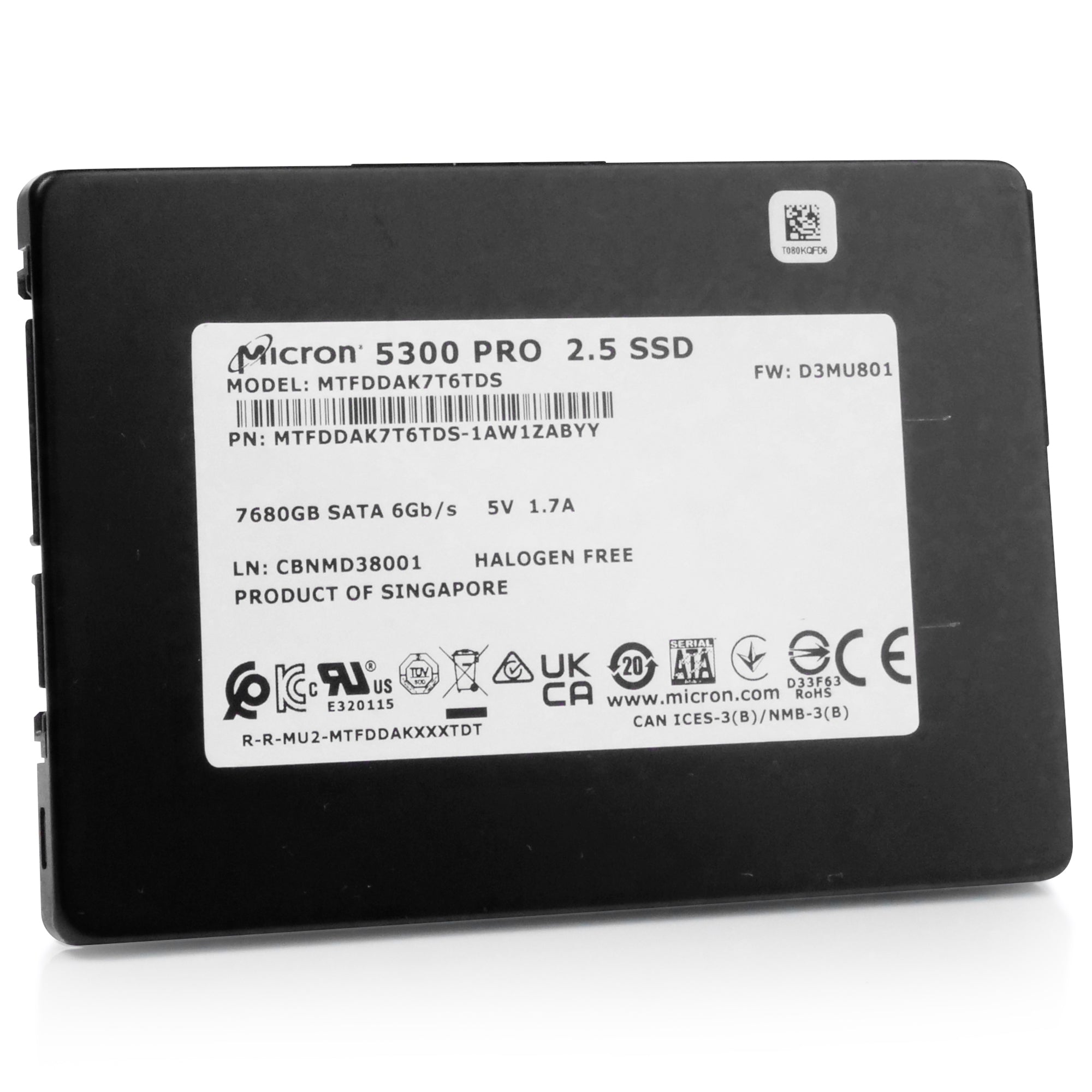 Micron 5300 PRO MTFDDAK7T6TDS-1AW1ZABYY 7.68TB SATA 6Gb/s 3D TLC 2.5in Solid State Drive