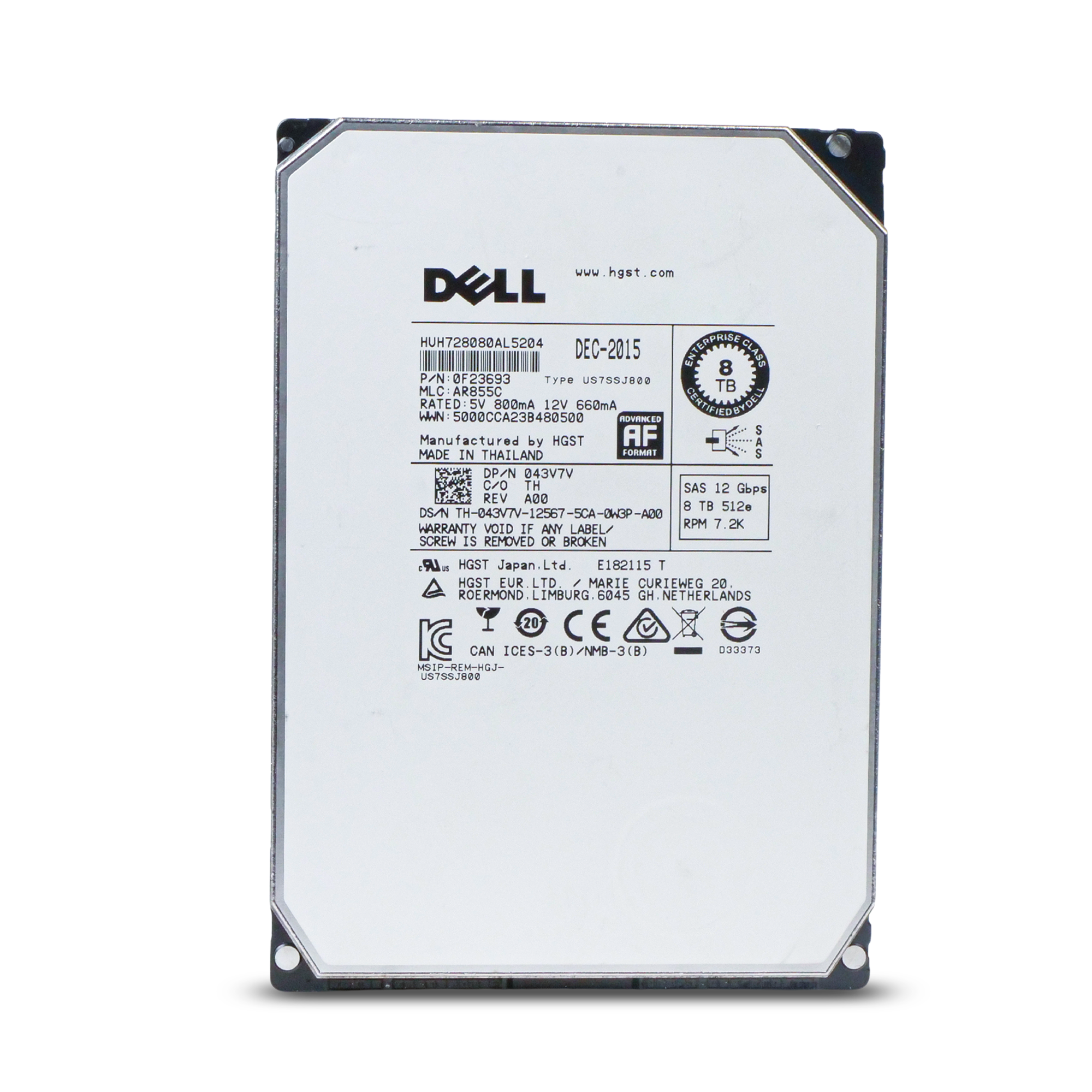Dell/HGST Ultrastar He8 HUH728080AL5204 8TB 7.2K RPM SAS 12Gb/s 512e 128 MB 3.5in Refurbished HDD