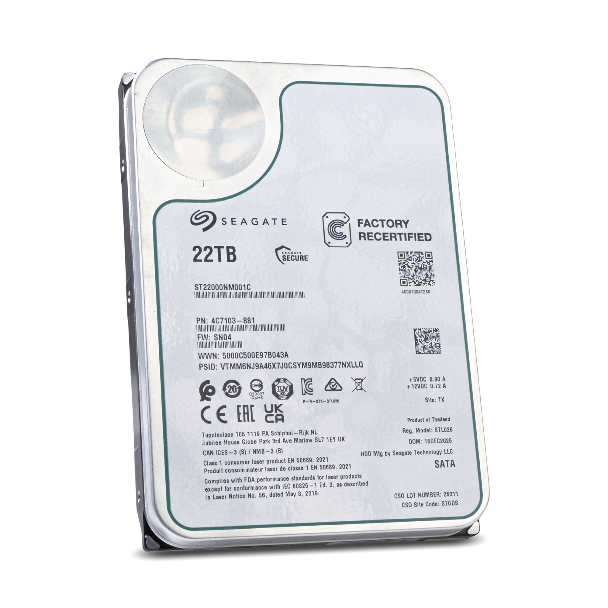 Seagate Exos ST22000NM001C 22TB 7.2K RPM SATA 6Gb/s 512e 512MB 3.5in Recertified HDD