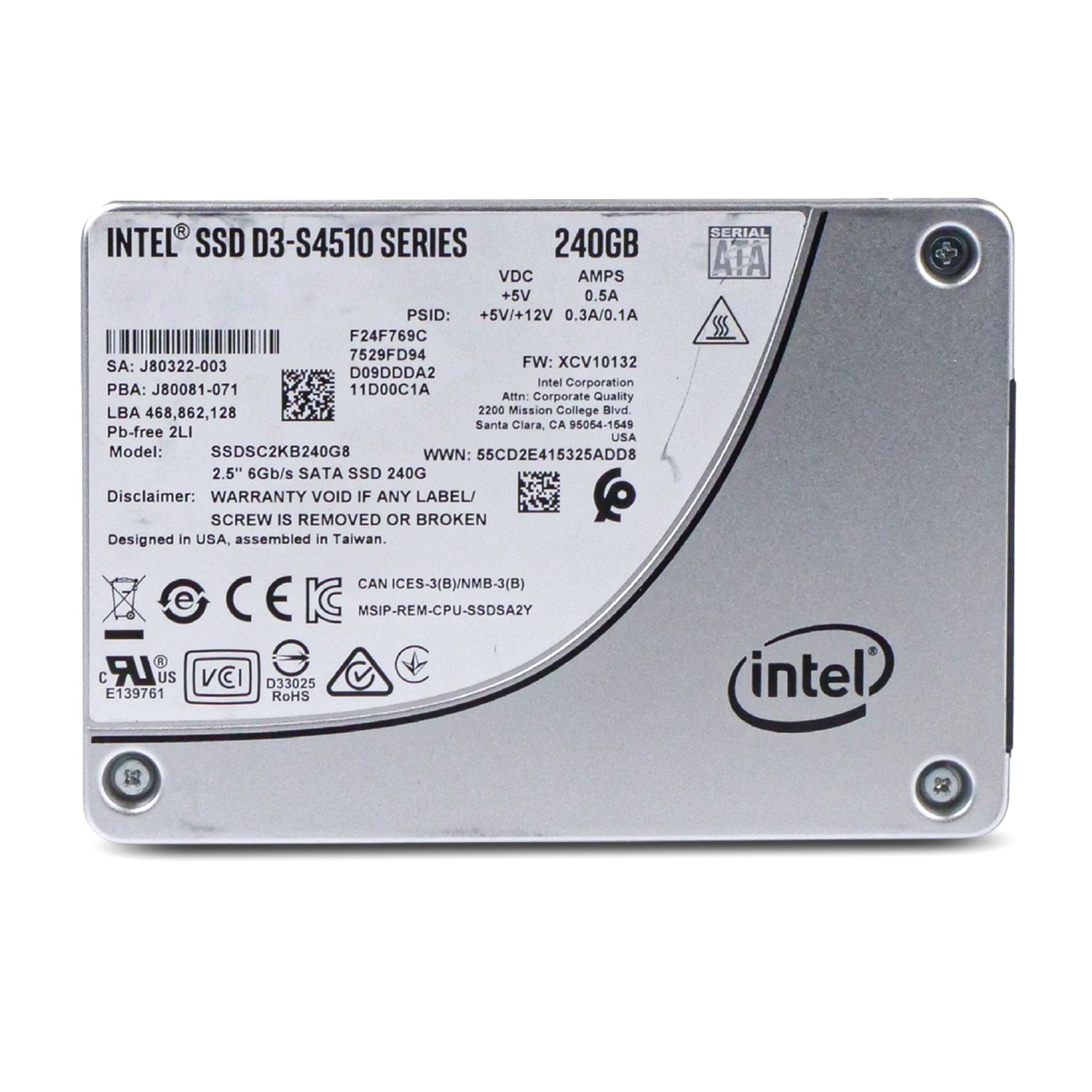 Intel D3-S4510 SSDSC2KB240G8 240GB 2 DWPD SATA 6Gb/s 3D TLC 2.5in Refurbished SSD
