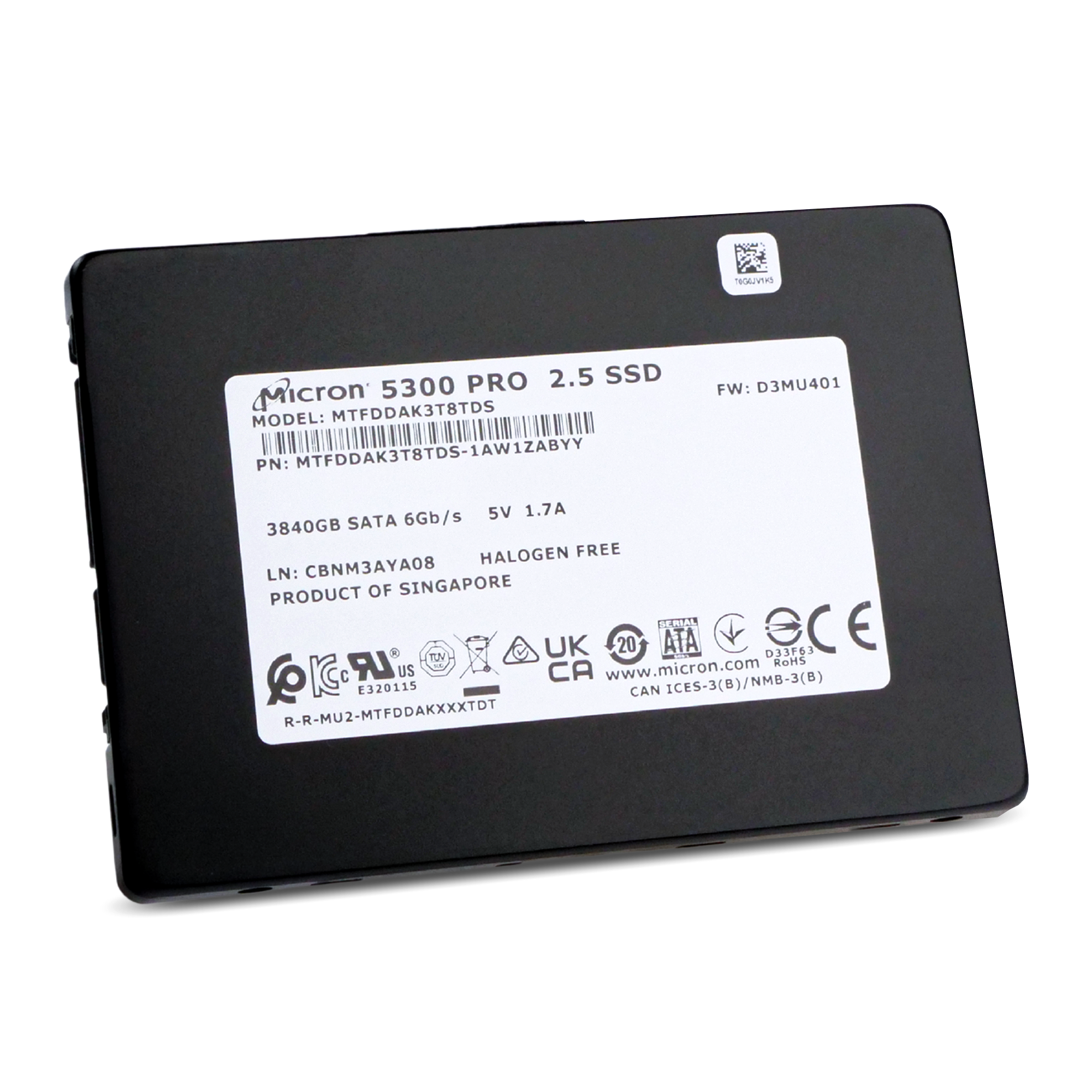 Micron 5300 PRO MTFDDAK3T8TDS 1AW1ZABYY 3.84TB 1.2 DWPD SATA 6Gb/s 3D TLC 2.5in Refurbished SSD