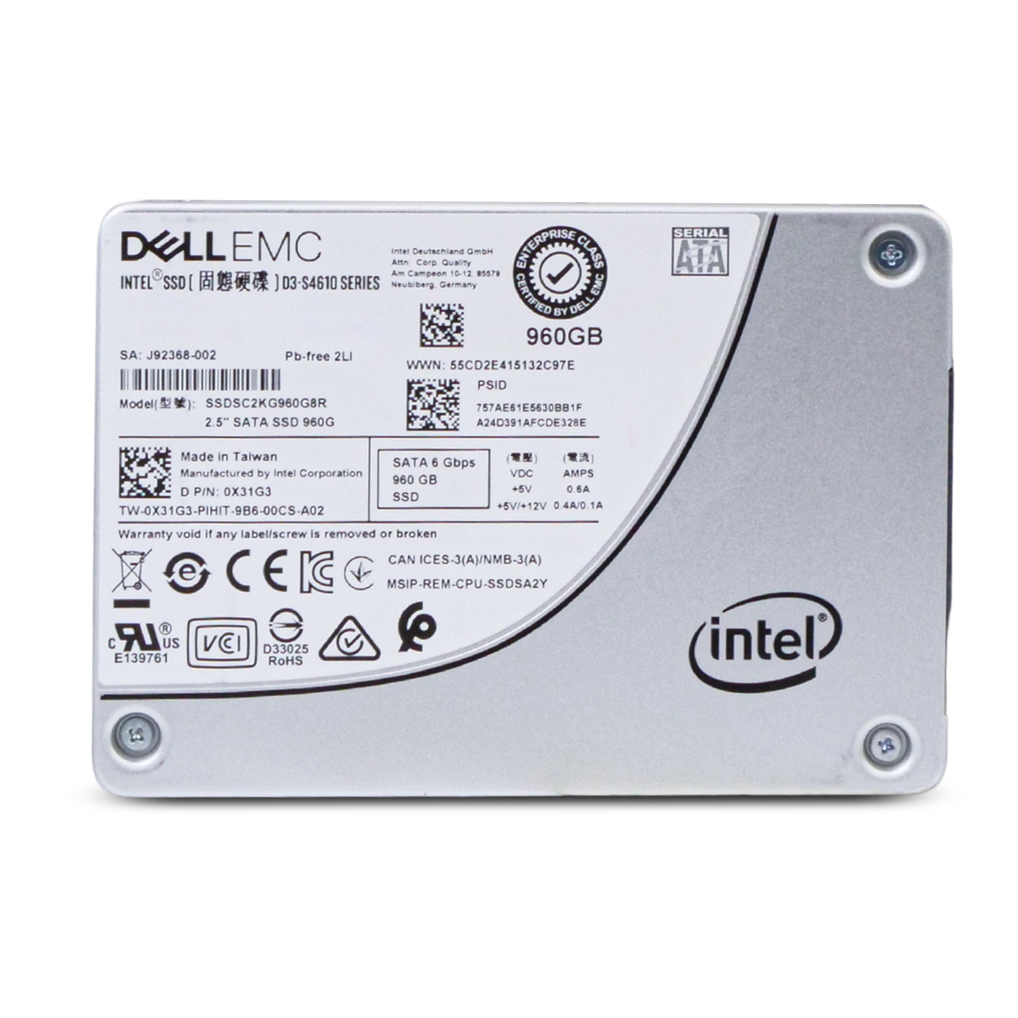 Dell/Intel D3-S4610 SSDSC2KG960G8R 960GB 3 DWPD SATA 6Gb/s 3D TLC 2.5in Refurbished Mixed Use SSD