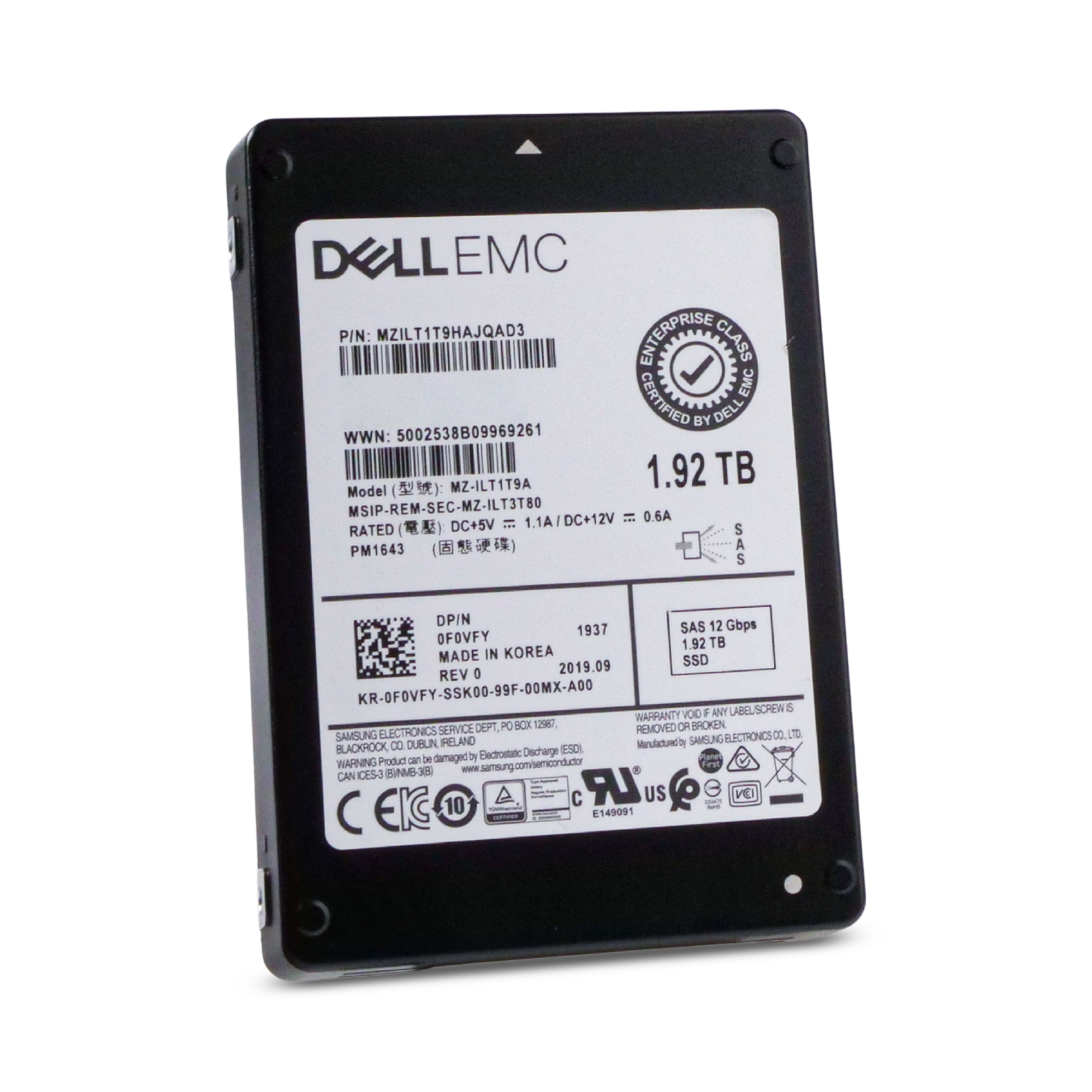 Dell/Samsung PM1643 MZILT1T9HAJQAD3 1.92TB 1 DWPD SAS 12Gb/s 3D TLC 2.5in Refurbished SSD