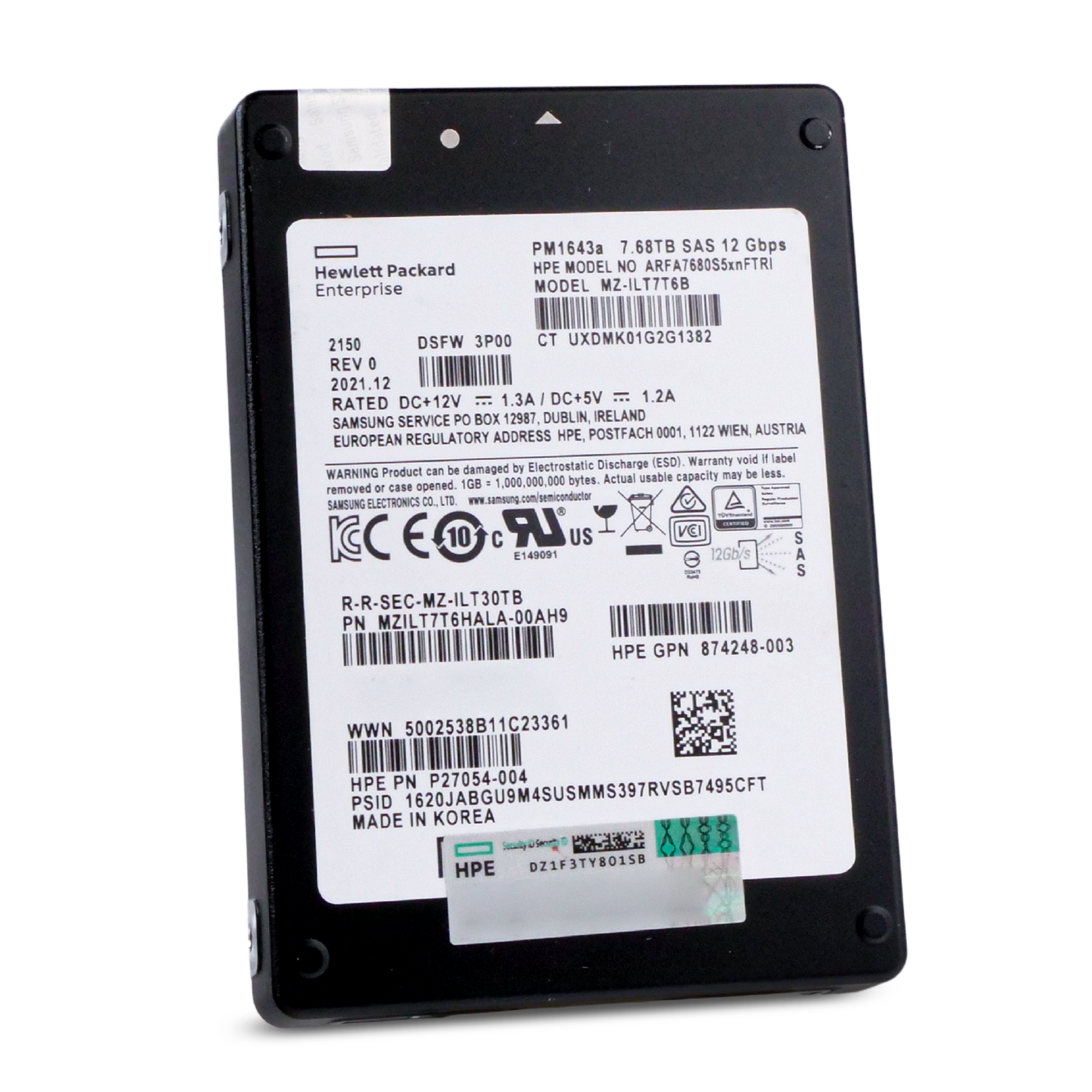 HP/Samsung PM1643a MZILT7T6HALA 7.68TB 1 DWPD SAS 12Gb/s 3D TLC 2.5in Refurbished SSD