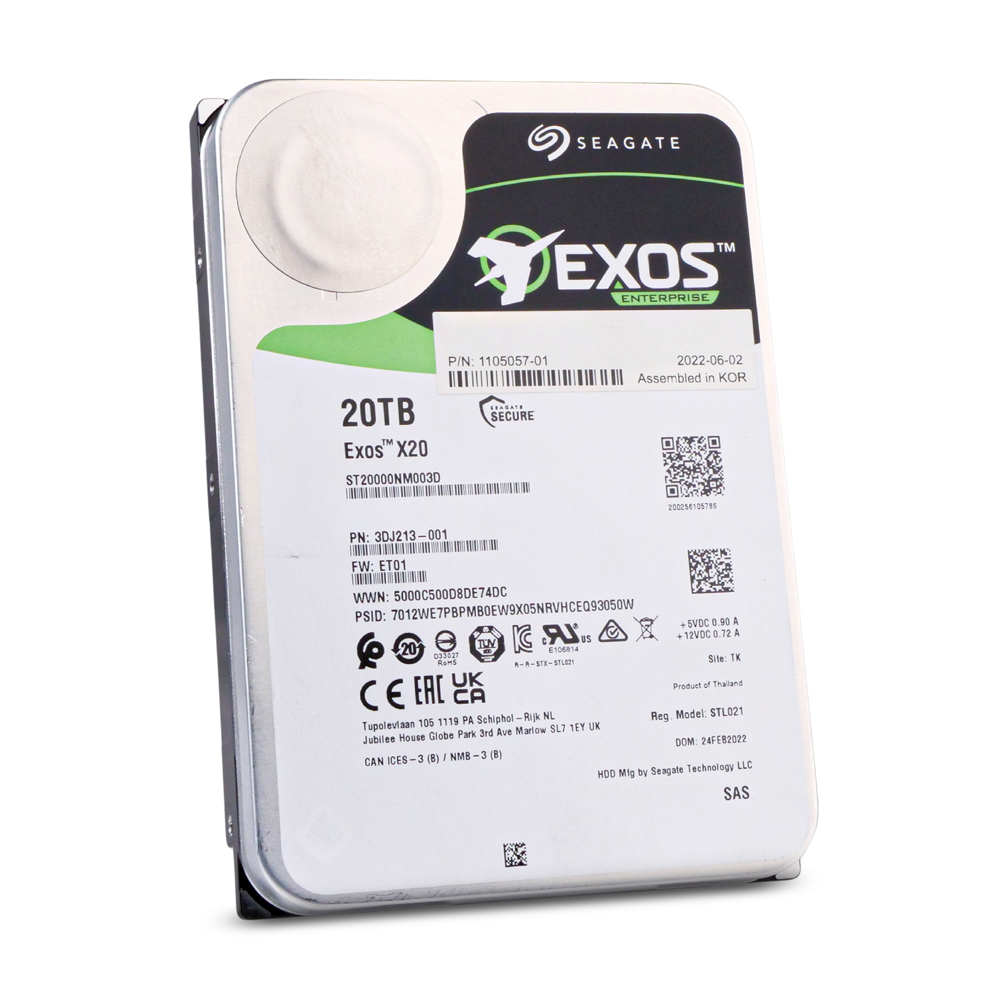 Seagate Exos X20 ST20000NM003D 20TB 7.2K RPM SAS 12Gb/s 512e SED 3.5in Hard Drive