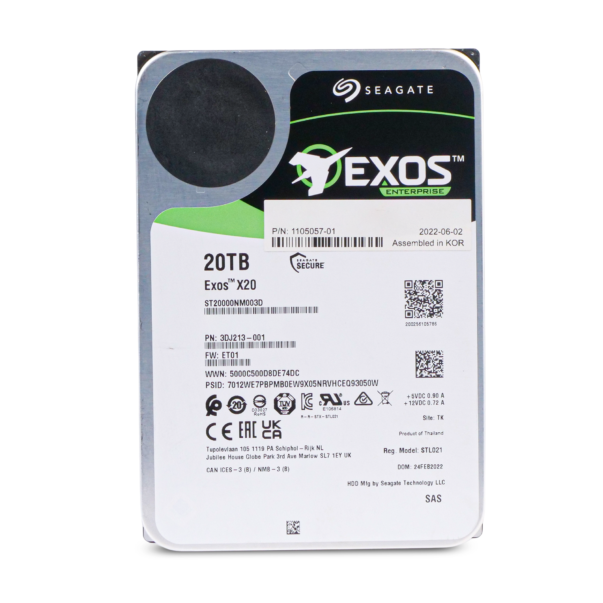 Seagate Exos X20 ST20000NM003D 20TB 7.2K RPM SAS 12Gb/s 512e SED 3.5in Hard Drive