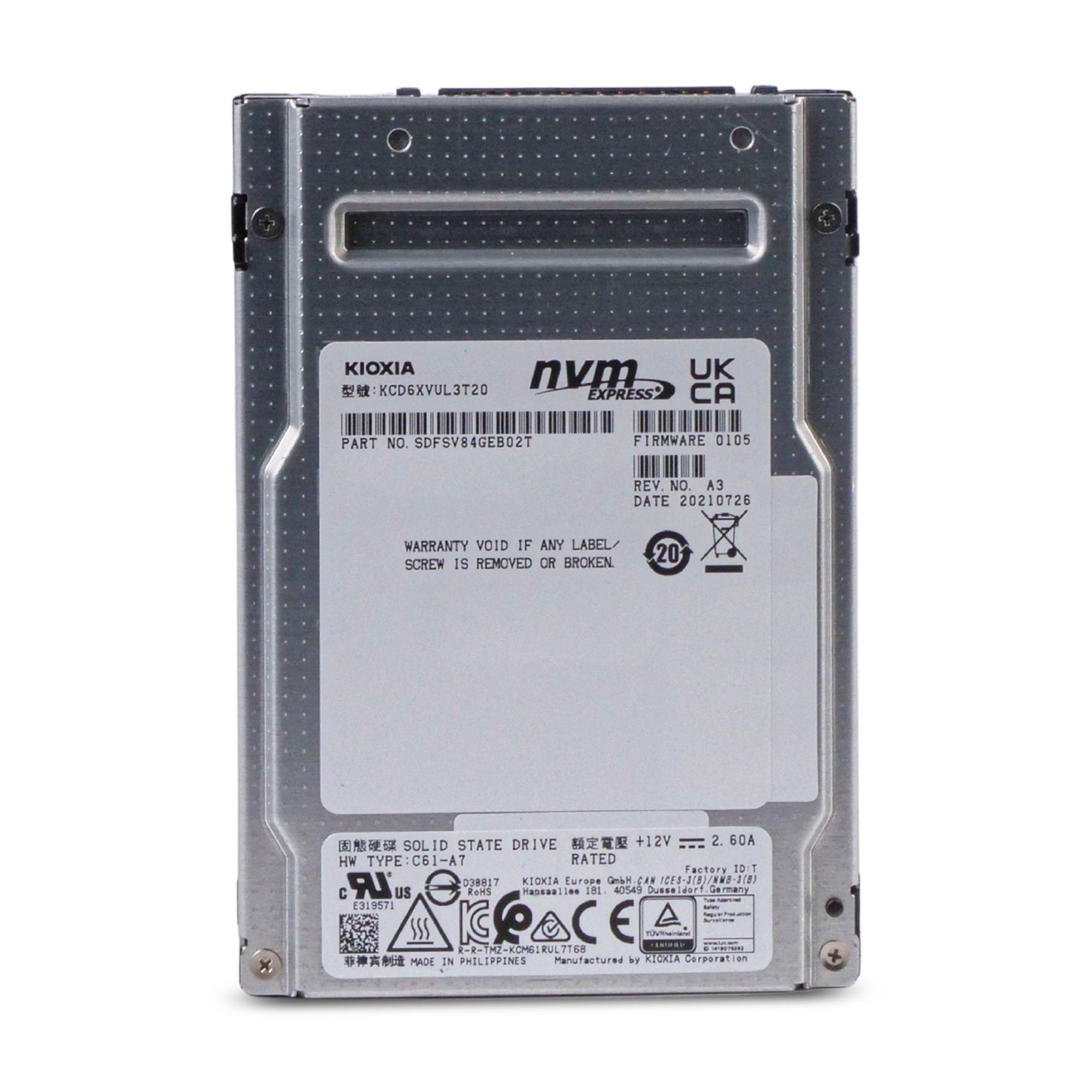 Kioxia CD6-V KCD6XVUL3T20 3.2TB 3 DWPD PCIe Gen 4.0 x4 8GB/s 3D TLC U.3 NVMe 2.5in Refurbished SSD