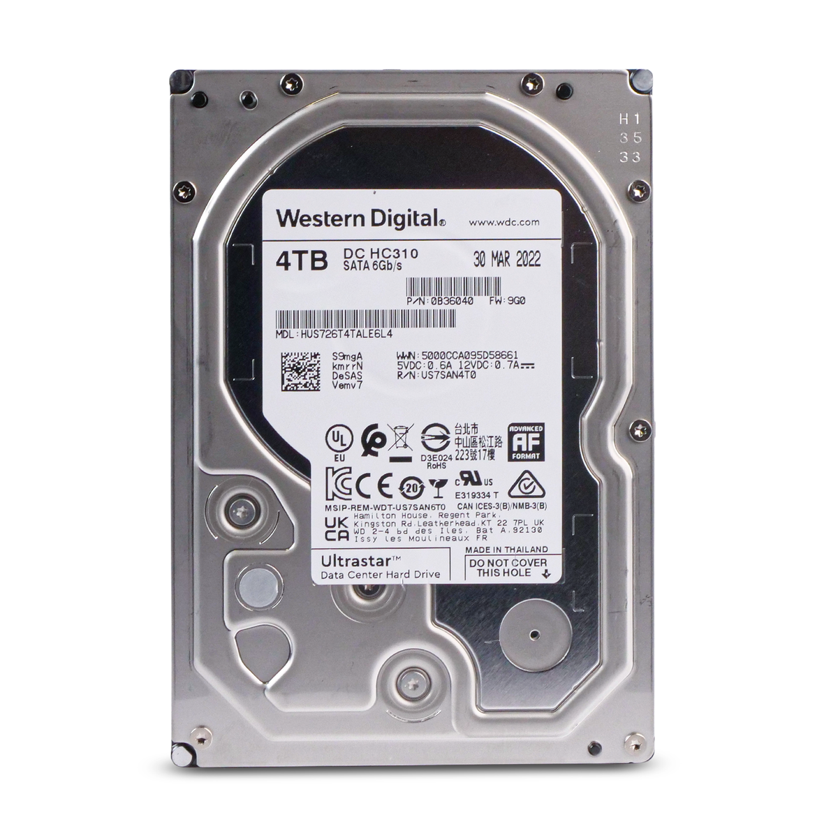 Western Digital Ultrastar DC HC310 HUS726T4TALE6L4 0B36040 4TB 7.2K RPM SATA 6Gb/s 512e 256MB 3.5in Refurbished HDD