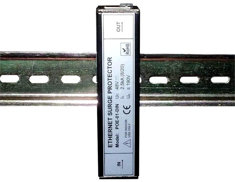 POE-01-DIN - Full 8 pin Cat6 RJ45 Ethernet surge protector with PoE support and DIN rail mount system