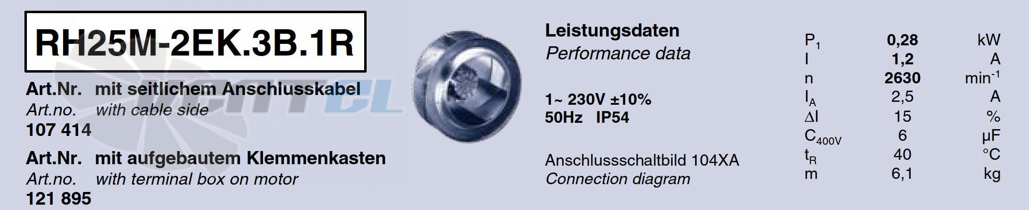 RH25M-2EK.3B.1R ZIEHL-ABEGG centrifugal fan 1-230V 50HZ 2630RPM