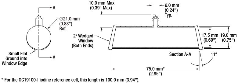 T-GC19100-I - Iodine Quartz Reference Cell, Ø19 mm x 100 mm