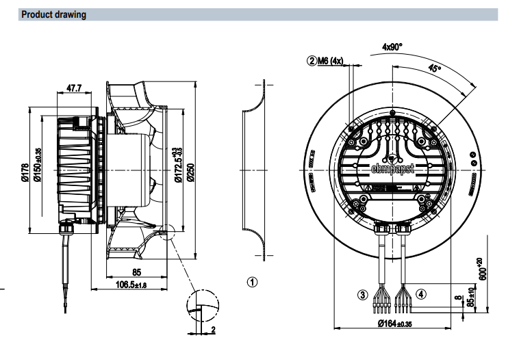 R3G250-RR01-H9 500W 200/277V 2.2A 3470rpm Ebm-papst 230V Fan Motor M3G084-DF
