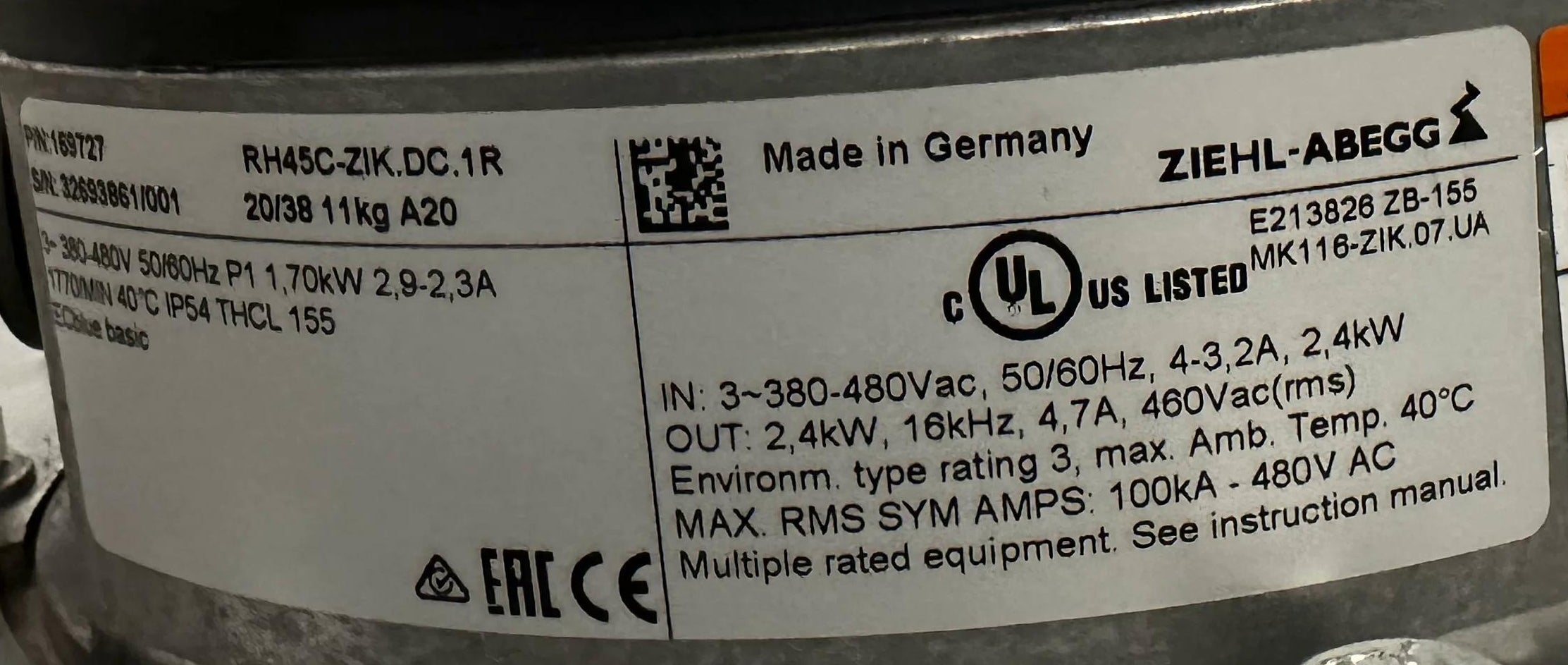 RH45C-ZIK.DC.1R(Art No 169727) ZIEHL-ABEGG centrifugal fan 3-380/480V 1.7kW 2.9/2.3A 1770rpm 50/60HZ