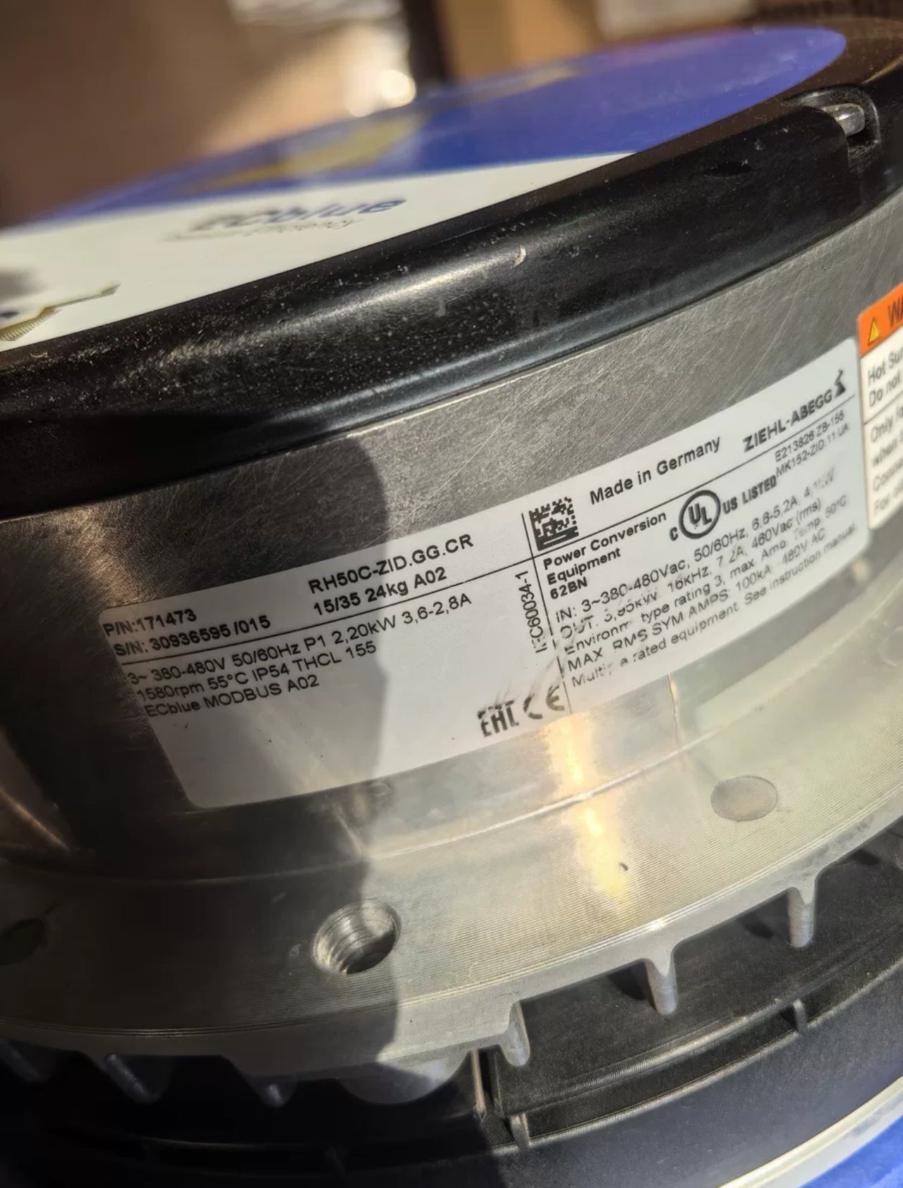 RH56C-ZID.GG.CR 171473 ZIEHL-ABEGG centrifugal fan 3~380/480V 2.2kW 3.6-2.8A 1580rpm