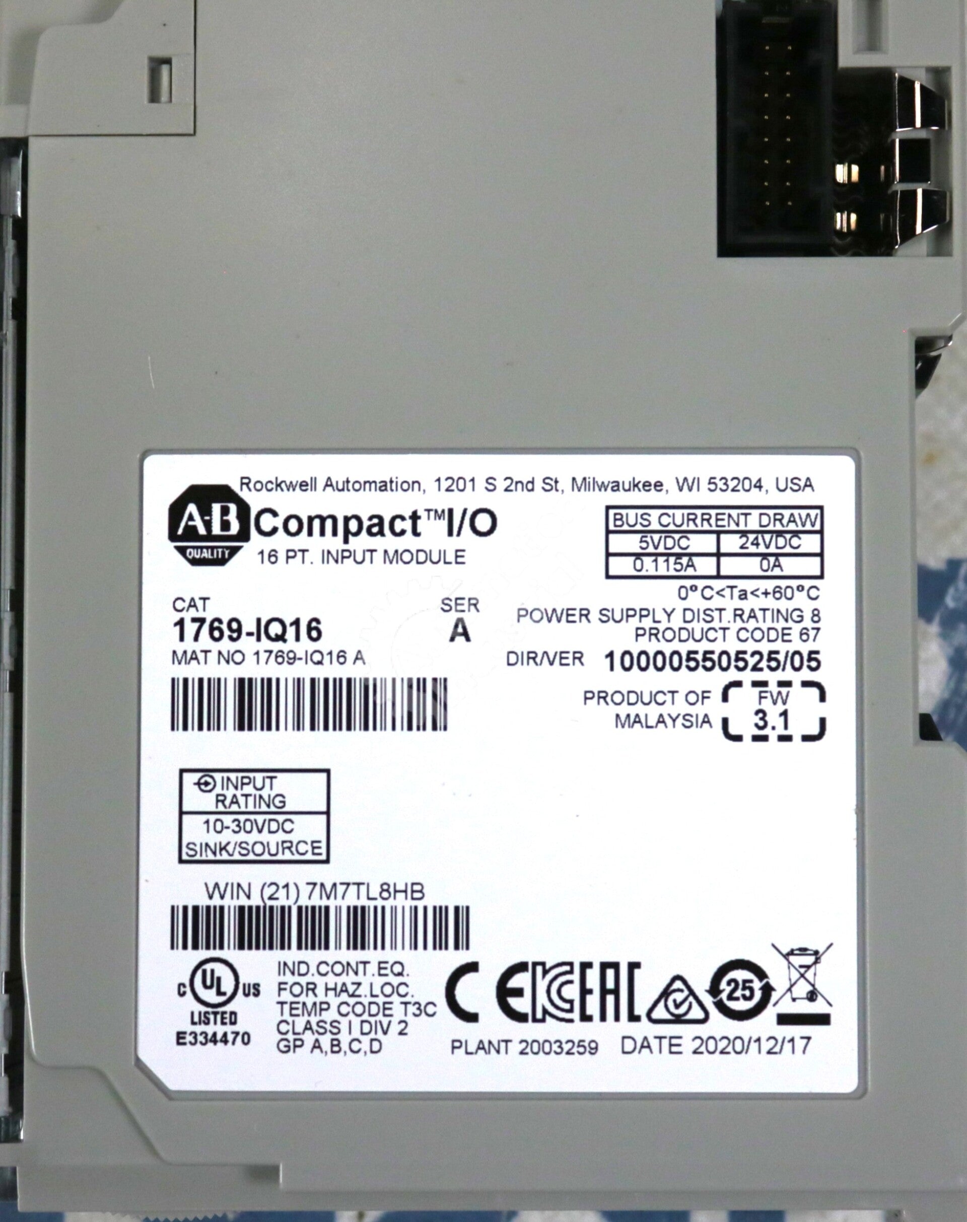 1769-IQ16 By Allen Bradley 16-Point 24VDC Sink/Source Input Module NSFP