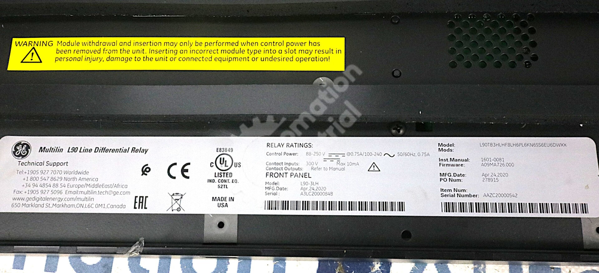 L90-3LH By GE Multilin 50/60Hz 100-240V L90 Line Differential Relay (No Modules)
