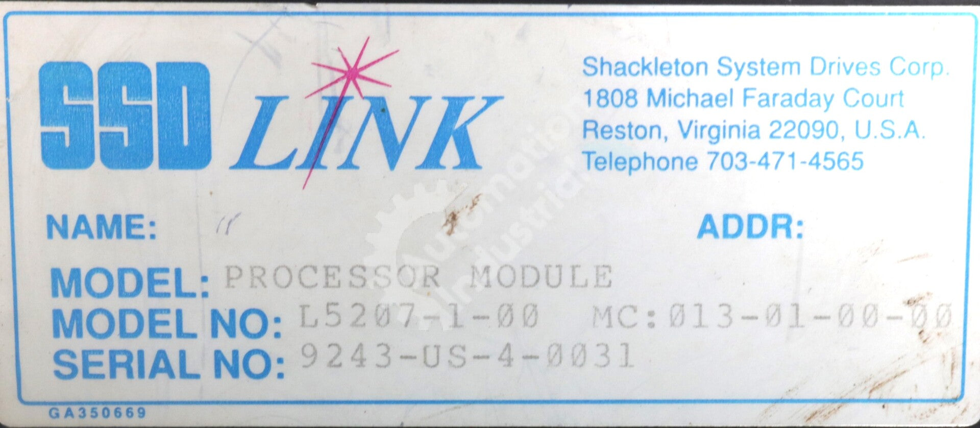 L5207-1-00 By Parker Eurotherm SSD 013-01-00-00 Processor Module