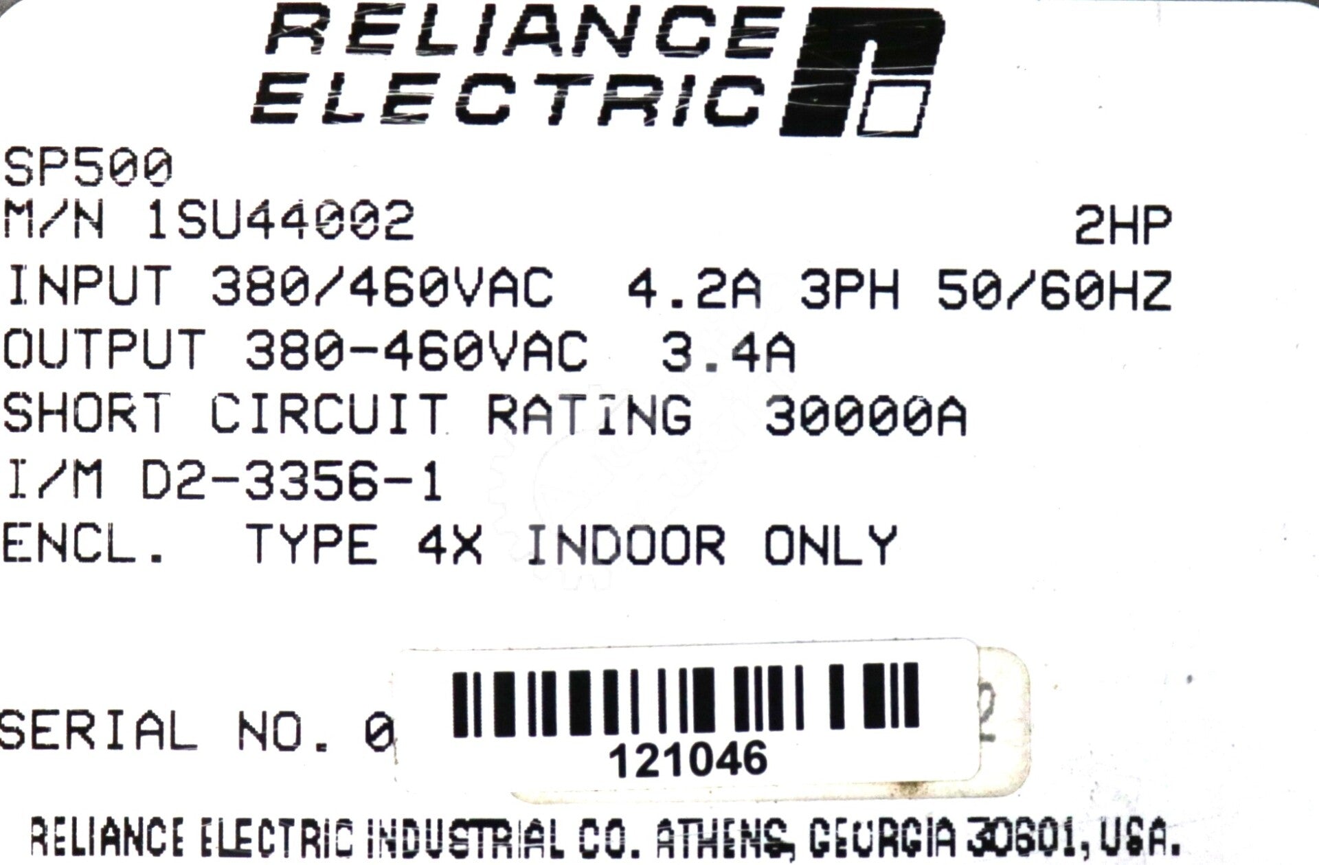 1SU44002 By Reliance Electric 3-Phase 2HP 460VAC 4.2A Drive SP500 Series