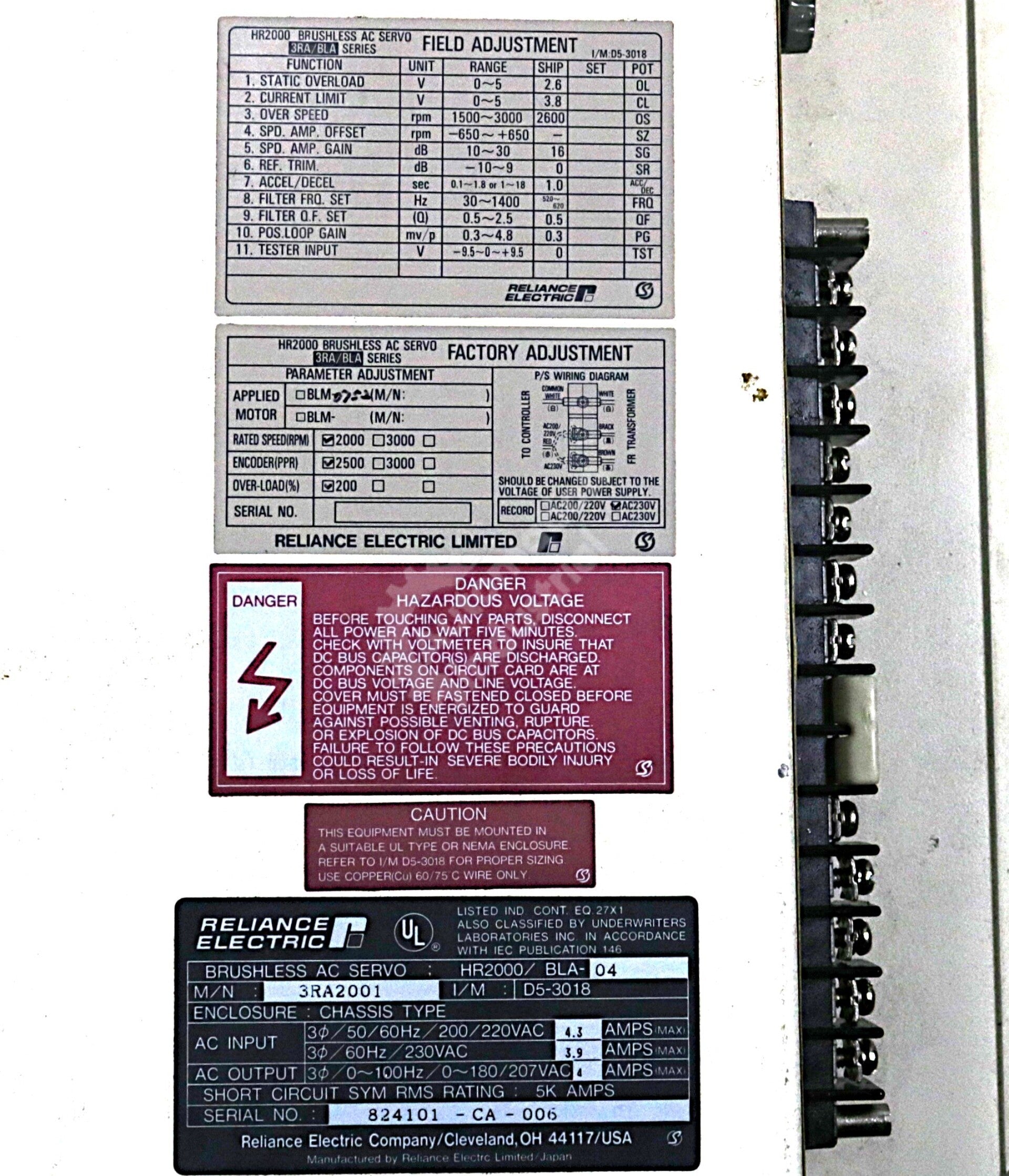 3RA2001 By Reliance Electric HR2000/BLA-04 230VAC 1HP HR2000 Brushless AC Servo