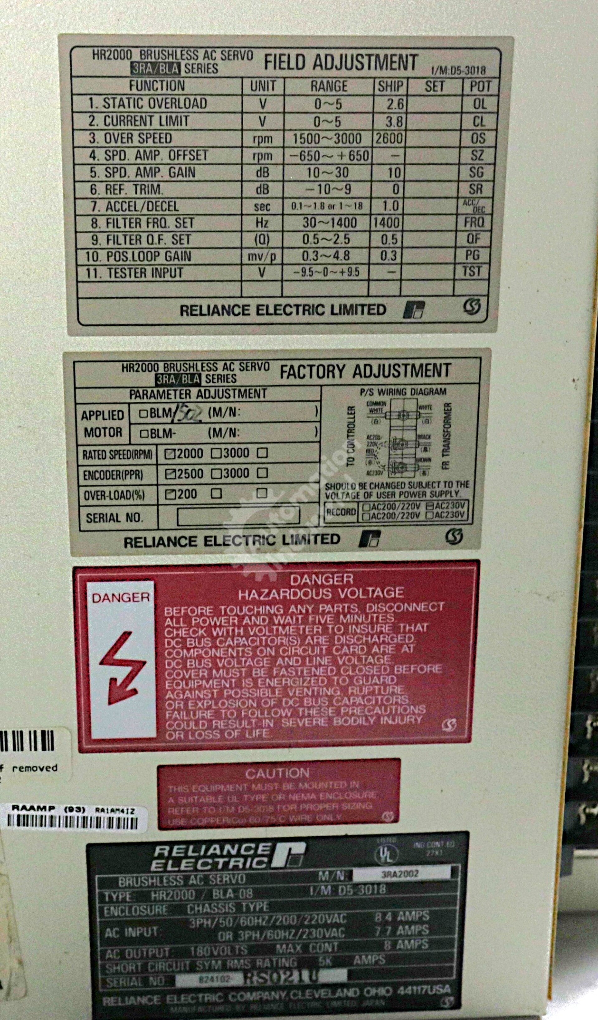 3RA2002 By Reliance Electric HR2000/BLA-08 230VAC 2HP HR2000 Brushless AC Servo
