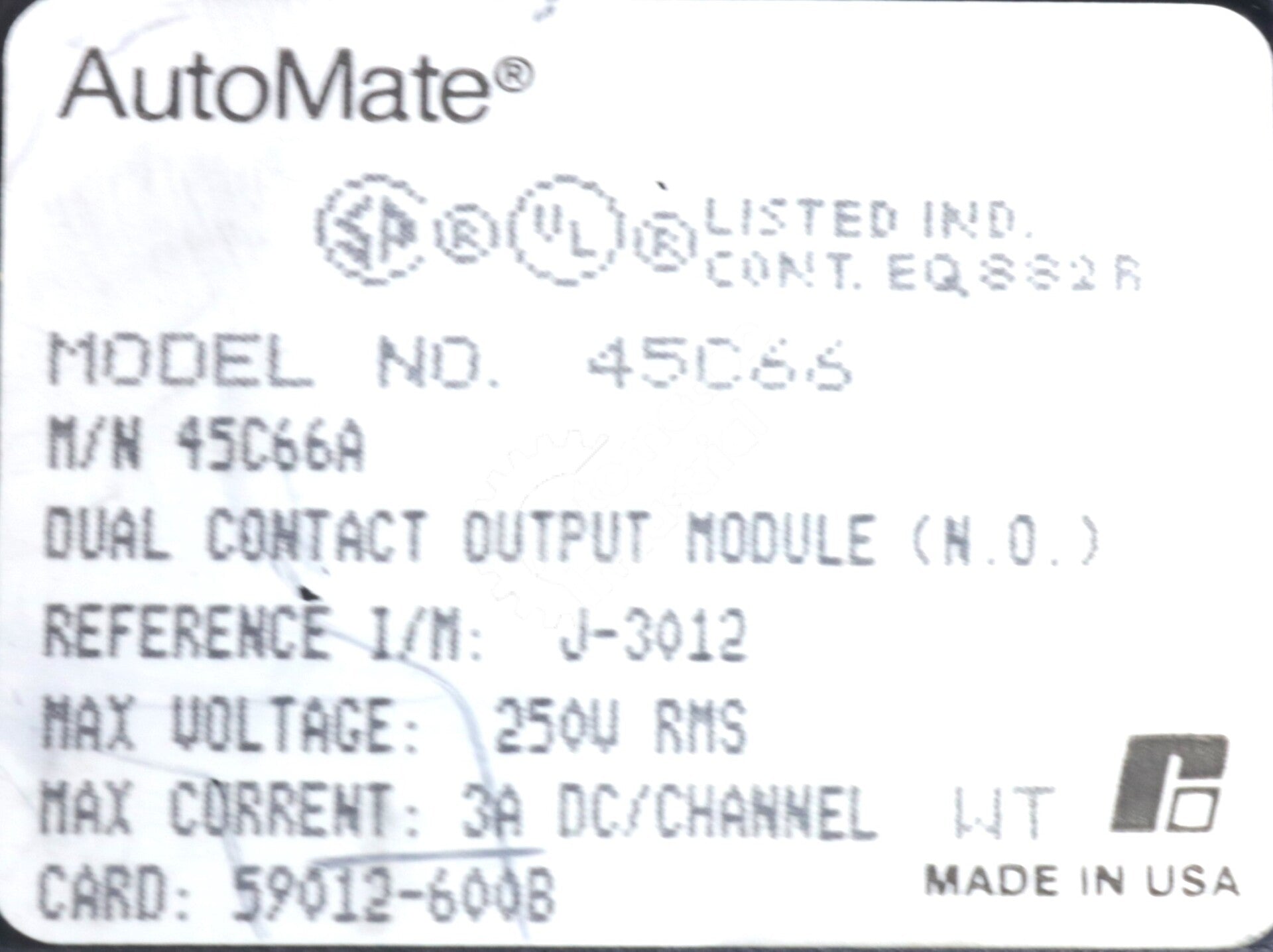 45C66A By Reliance Electric J-3012 250 VAC Dual Contact Output Module AutoMate