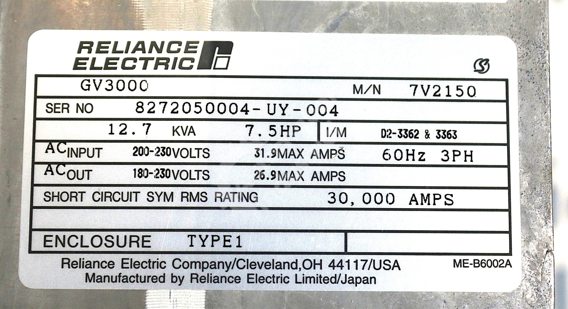 7V2150 By Reliance Electric 3-Phase 7.5HP 230VAC GV3000 AC Drive