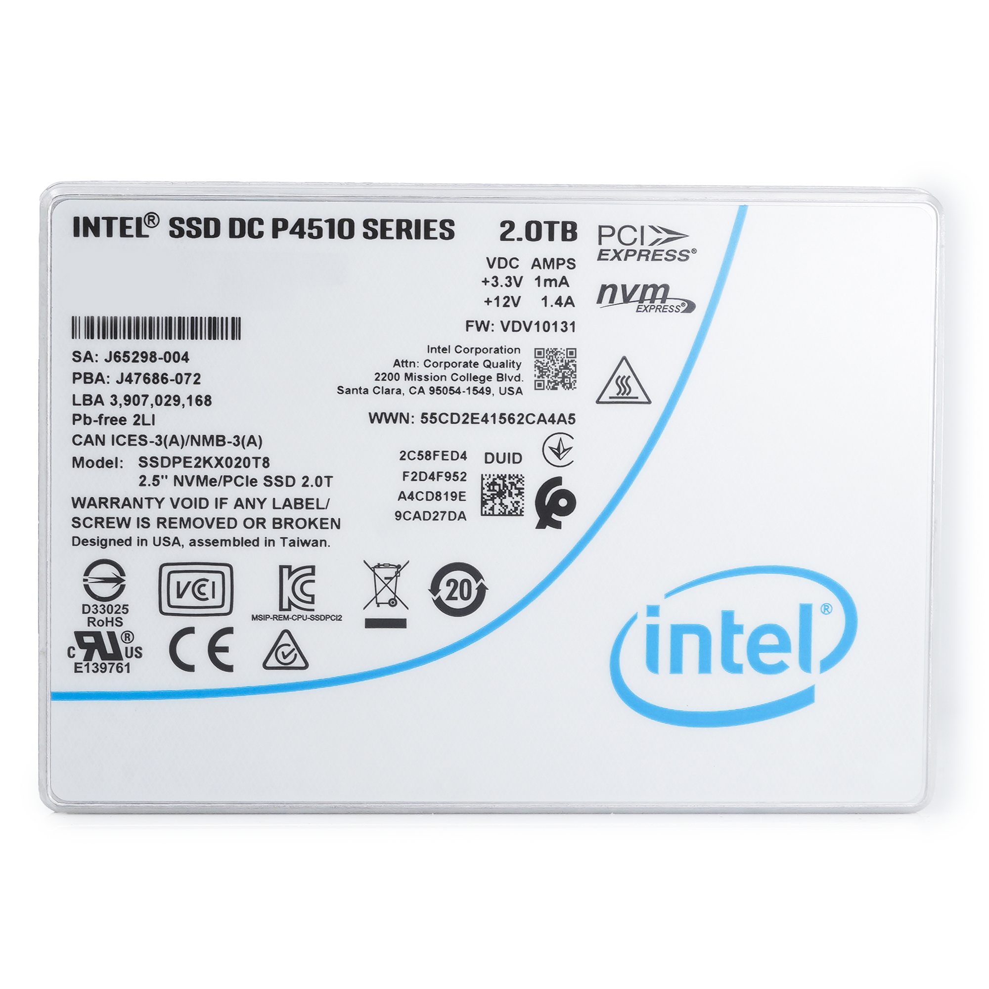 Intel P4510 SSDPE2KX020T8 2TB PCIe Gen 3.1 x4 4GB/s U.2 NVMe 2.5in Enterprise Solid State Drive