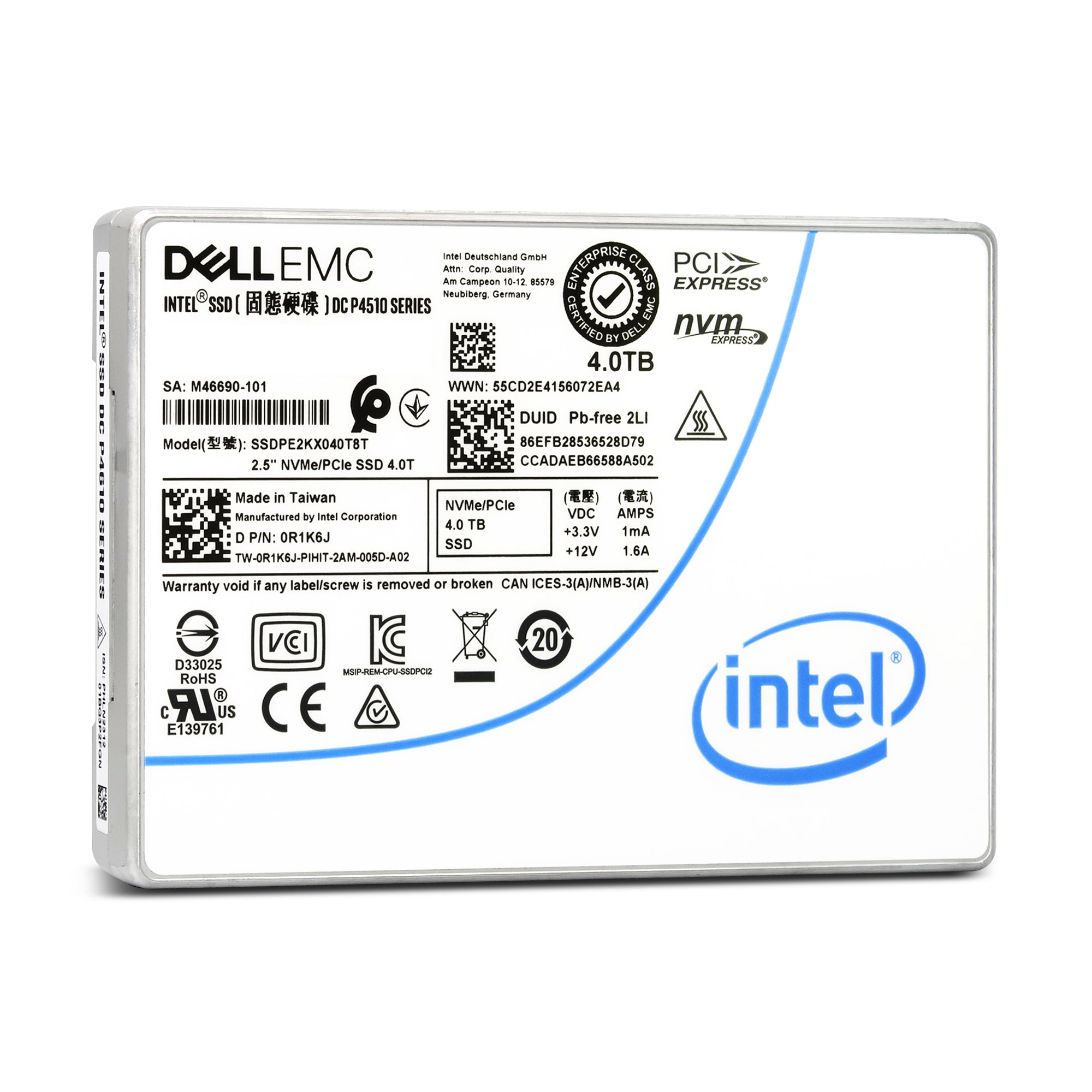 Dell P4510 SSDPE2KX040T8T 0R1K6J 4TB PCIe Gen 3.1 X4 4GB/s 3D TLC 1DWPD U.2 NVMe 2.5in Solid State Drive