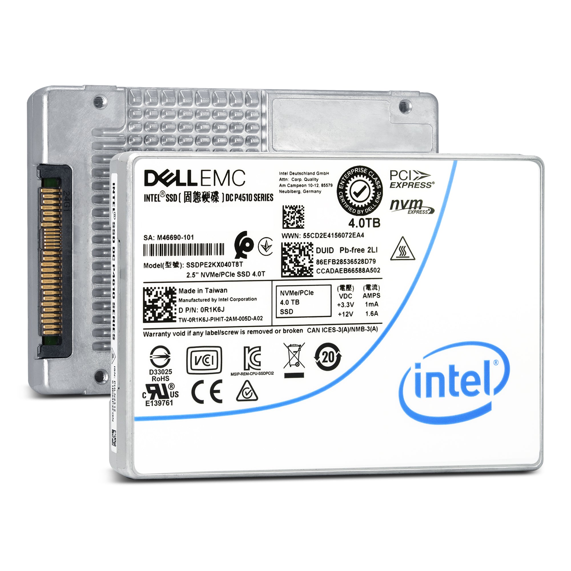 Dell P4510 SSDPE2KX040T8T 0R1K6J 4TB PCIe Gen 3.1 X4 4GB/s 3D TLC 1DWPD U.2 NVMe 2.5in Solid State Drive