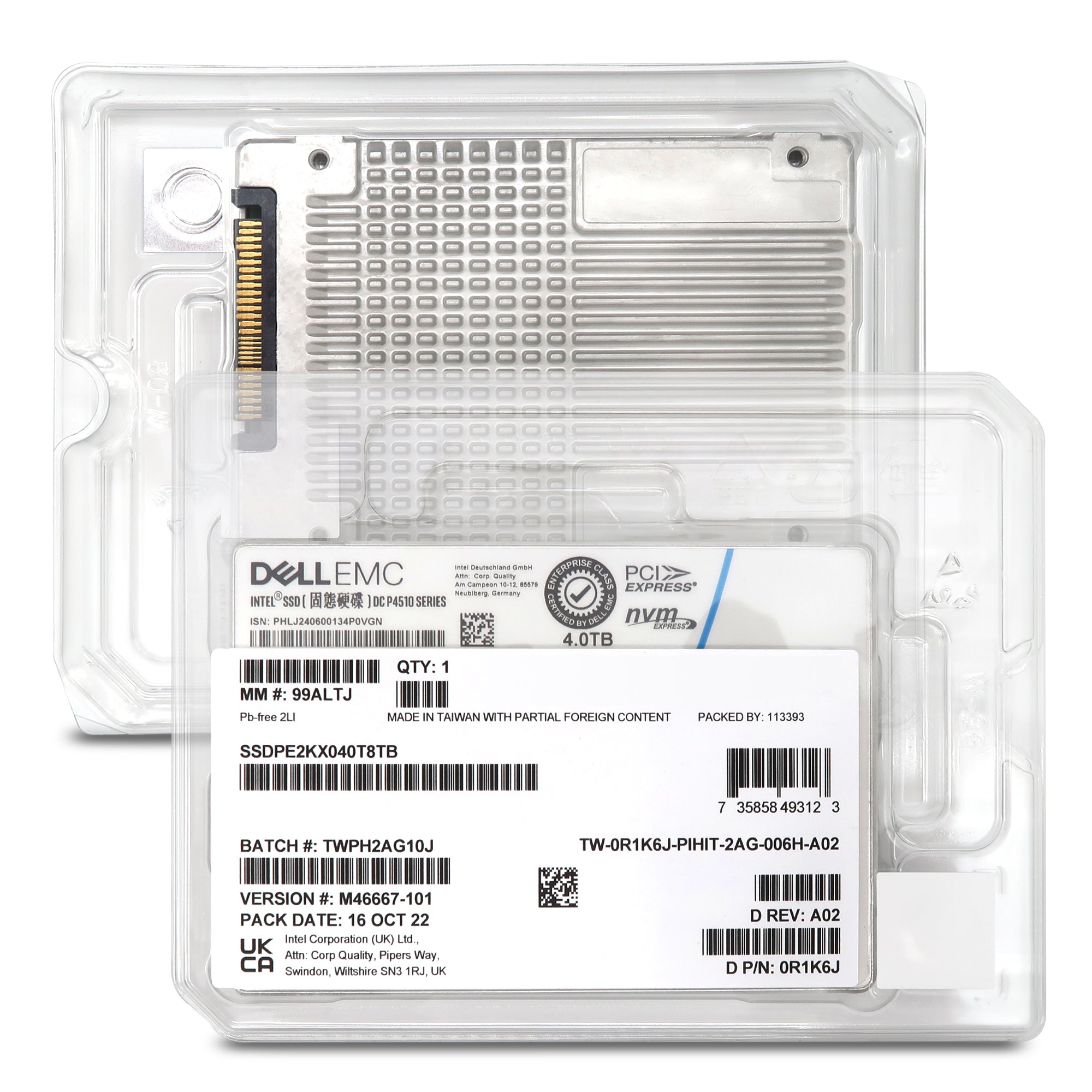 Dell P4510 SSDPE2KX040T8T 0R1K6J 4TB PCIe Gen 3.1 X4 4GB/s 3D TLC 1DWPD U.2 NVMe 2.5in Solid State Drive