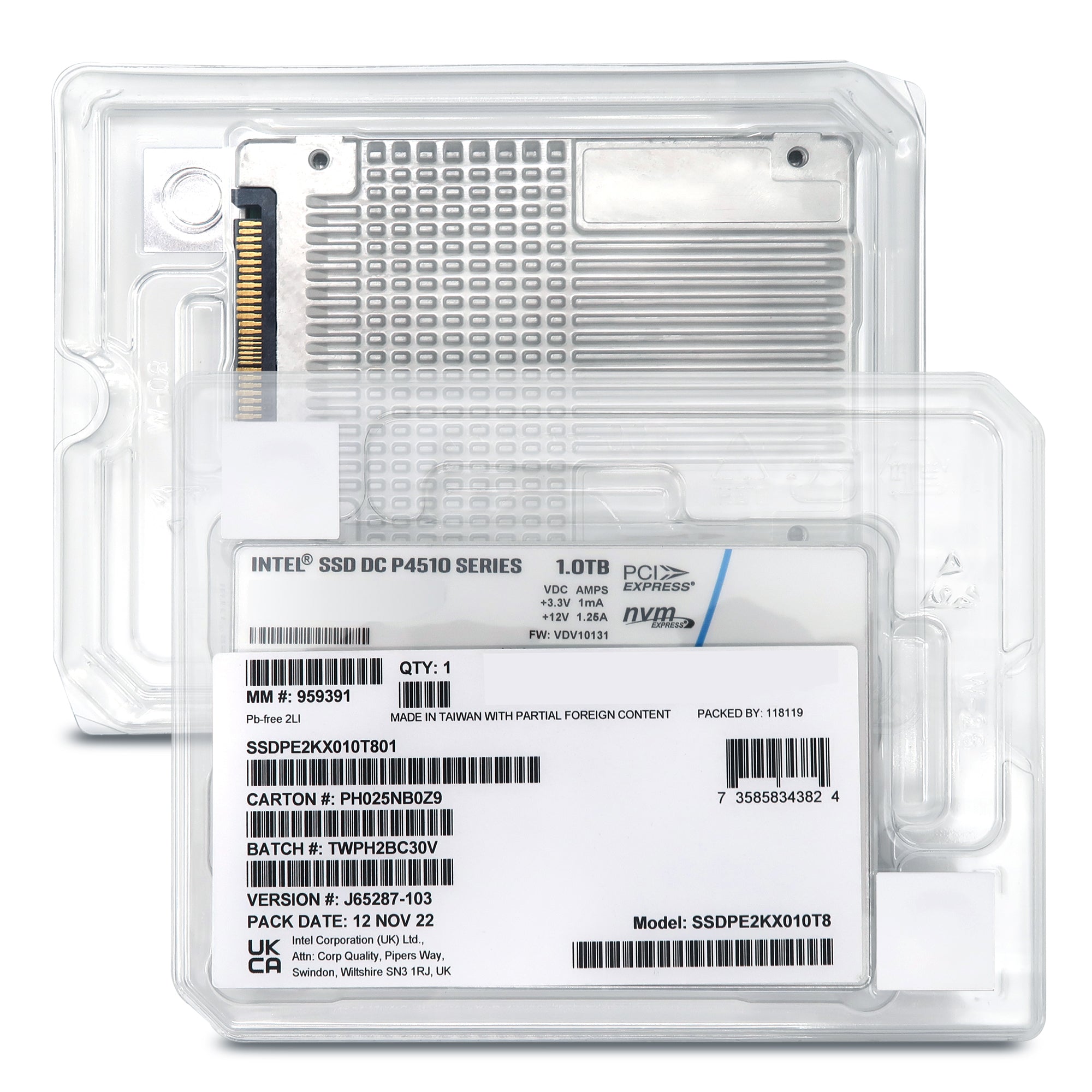 Intel P4510 SSDPE2KX010T801 1TB PCIe Gen 3.1 X4 4GB/s 3D TLC 1DWPD U.2 NVMe 2.5in Solid State Drive