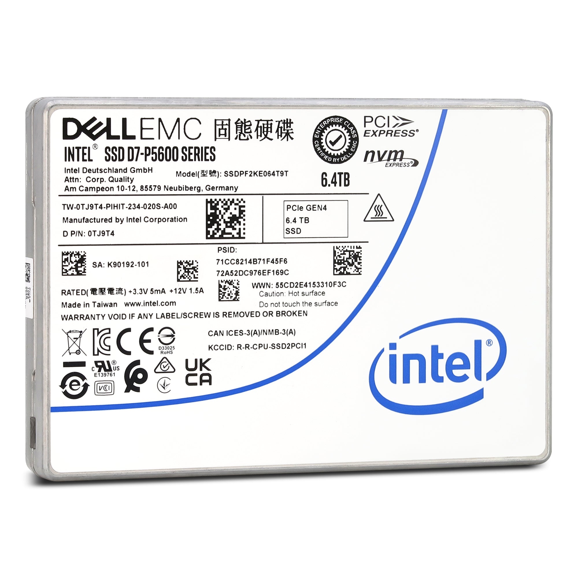 Dell D7-P5600 SSDPF2KE064T9TP 0TJ9T4 6.4TB PCIe Gen 4.0 x4 8GB/s 3D TLC 3DWPD SED U.2 NVMe 2.5in Solid State Drive