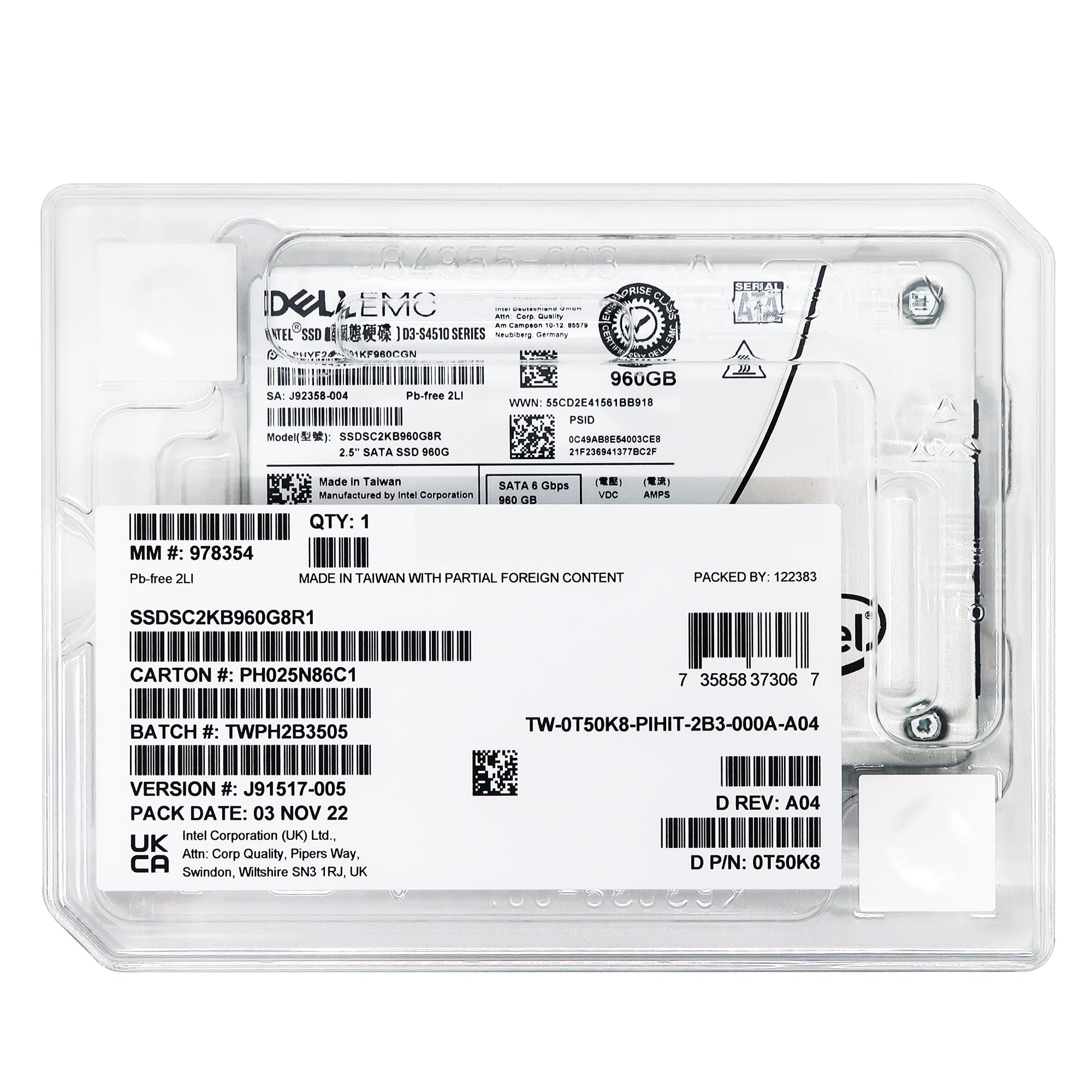 Dell D3-S4510 SSDSC2KB960G8R1 0T50K8 960GB SATA 6Gb/s 3D TLC 2DWPD 2.5in Solid State Drive