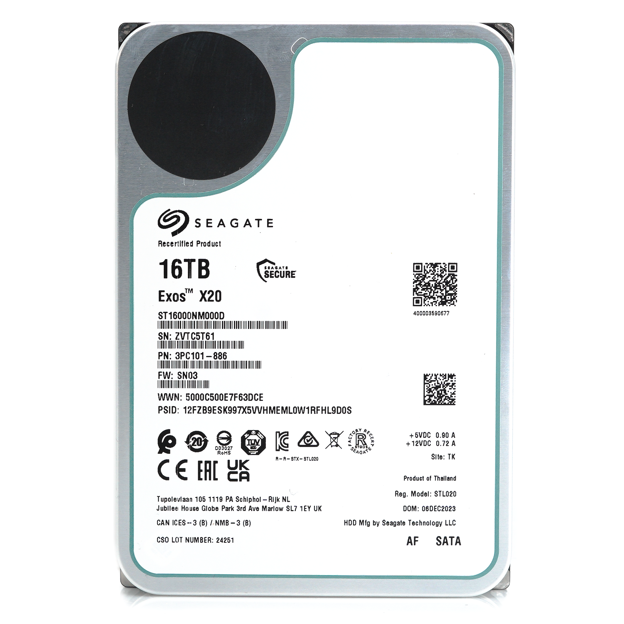 Seagate Exos X20 ST16000NM000D 16TB 7.2K RPM SATA 6Gb/s 512e 3.5in Recertified Hard Drive