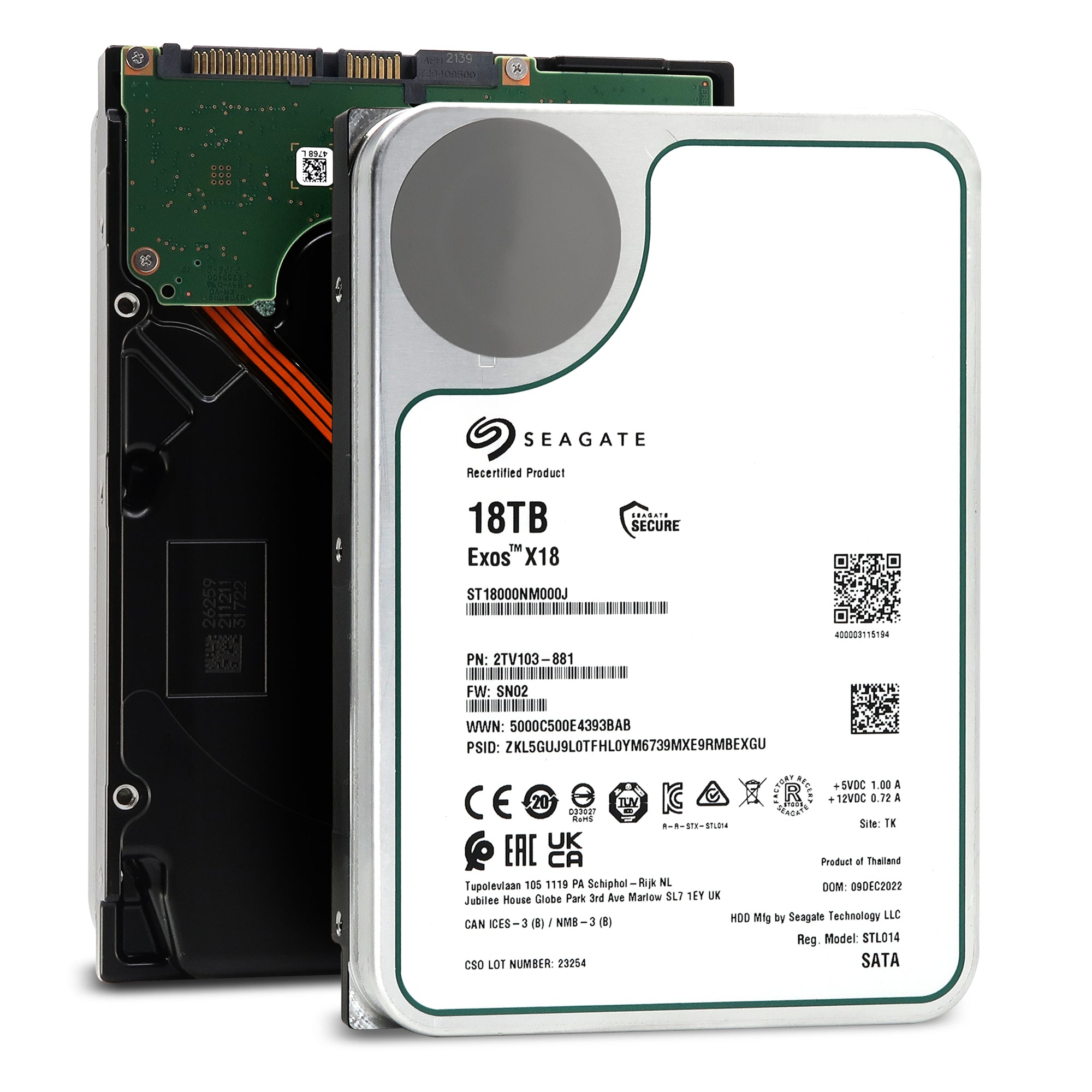 Seagate 18TB Hard Drive Exos X18 7200RPM SATA 6Gb/s 3.5" Manufacturer Recertified Enterprise HDD (ST18000NM000J)