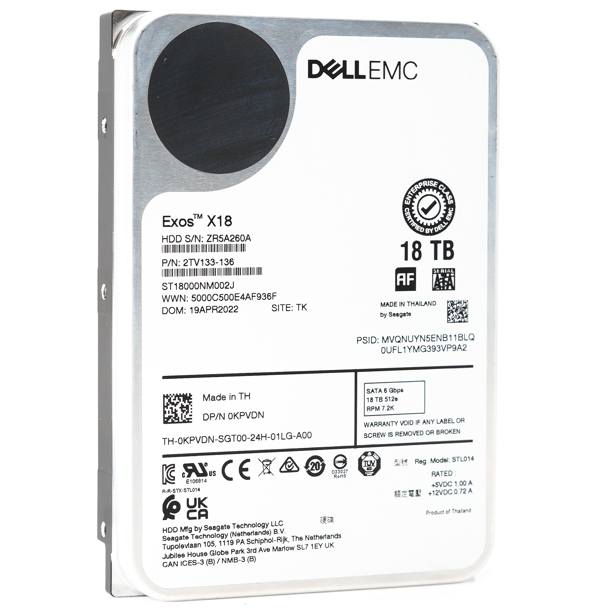 Dell Exos X18 ST18000NM002J 0KPVDN 18TB 7.2K RPM SATA 6Gb/s 512e PowerEdge Certified 3.5in Recertified Hard Drive