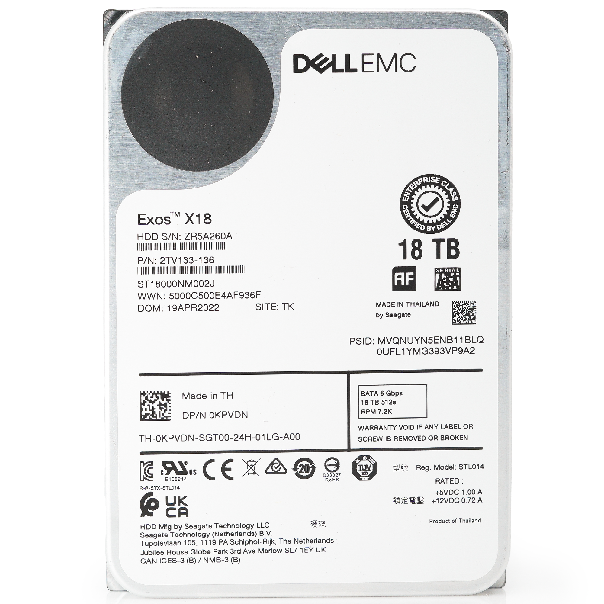 Dell/Seagate Exos X18 ST18000NM002J 18TB 7.2K RPM SATA 6Gb/s 512e 3.5in Refurbished HDD