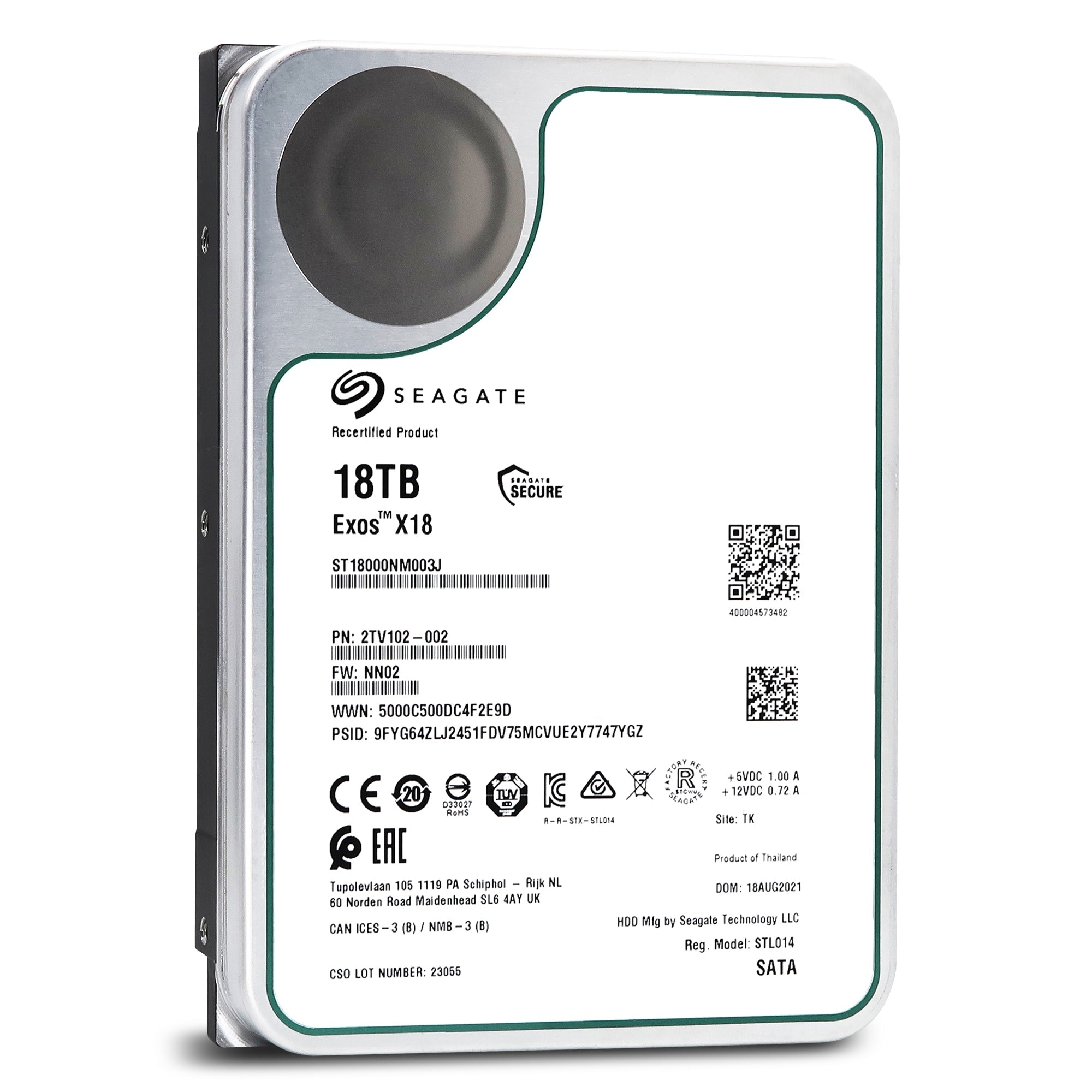 Seagate Exos X18 ST18000NM003J 2TV102-002 18TB 7.2K RPM SATA 6Gb/s 4Kn 3.5in Recertified Hard Drive