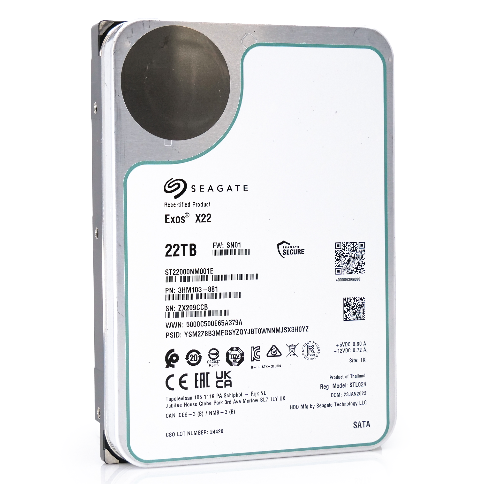 Seagate Exos X22 ST22000NM001E 22TB 7.2K RPM SATA 6Gb/s 512e 3.5in Recertified Hard Drive