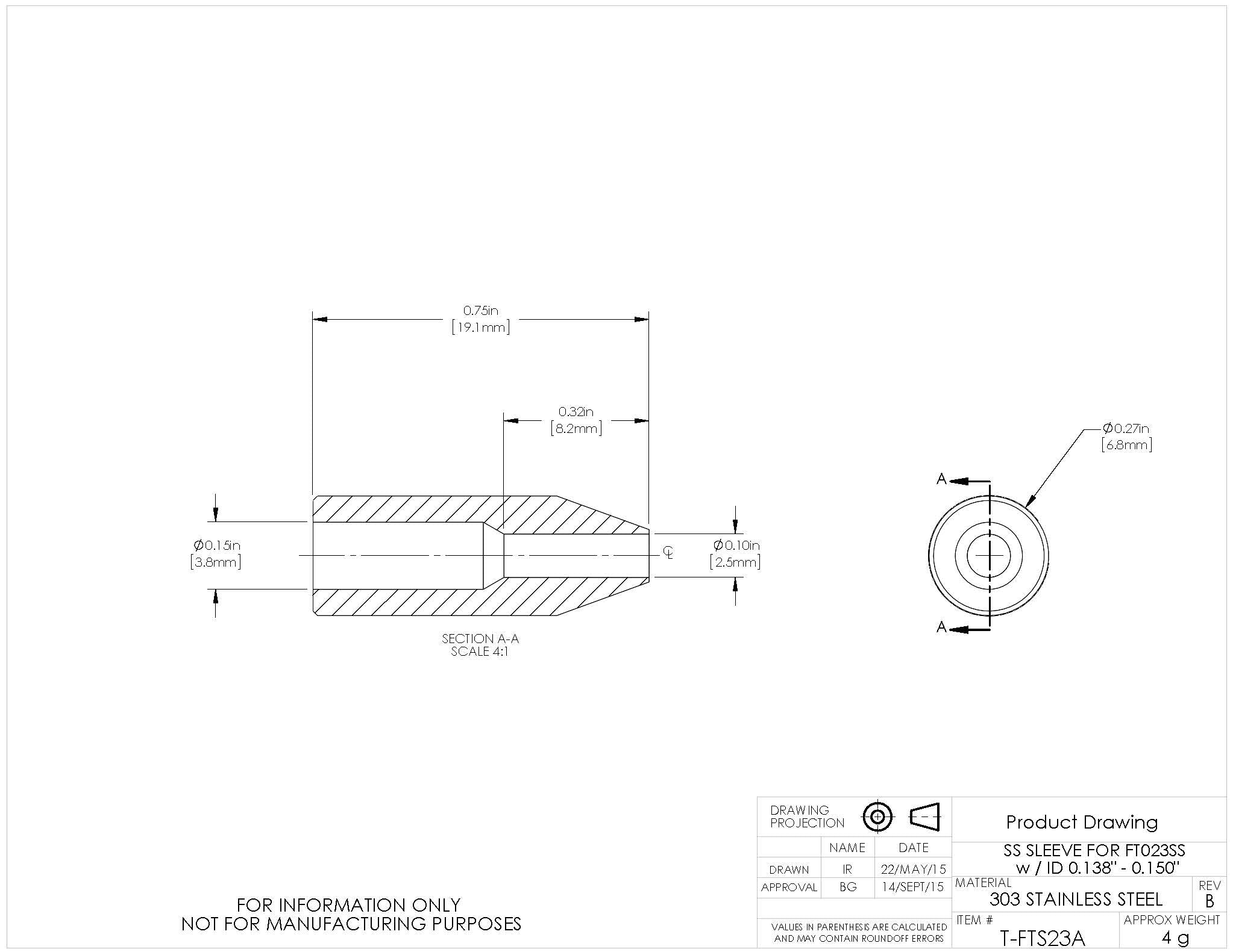 T-FTS23A - Stainless Steel Sleeve for Ø2.3 mm Tubing, 0.138" - 0.150" ID