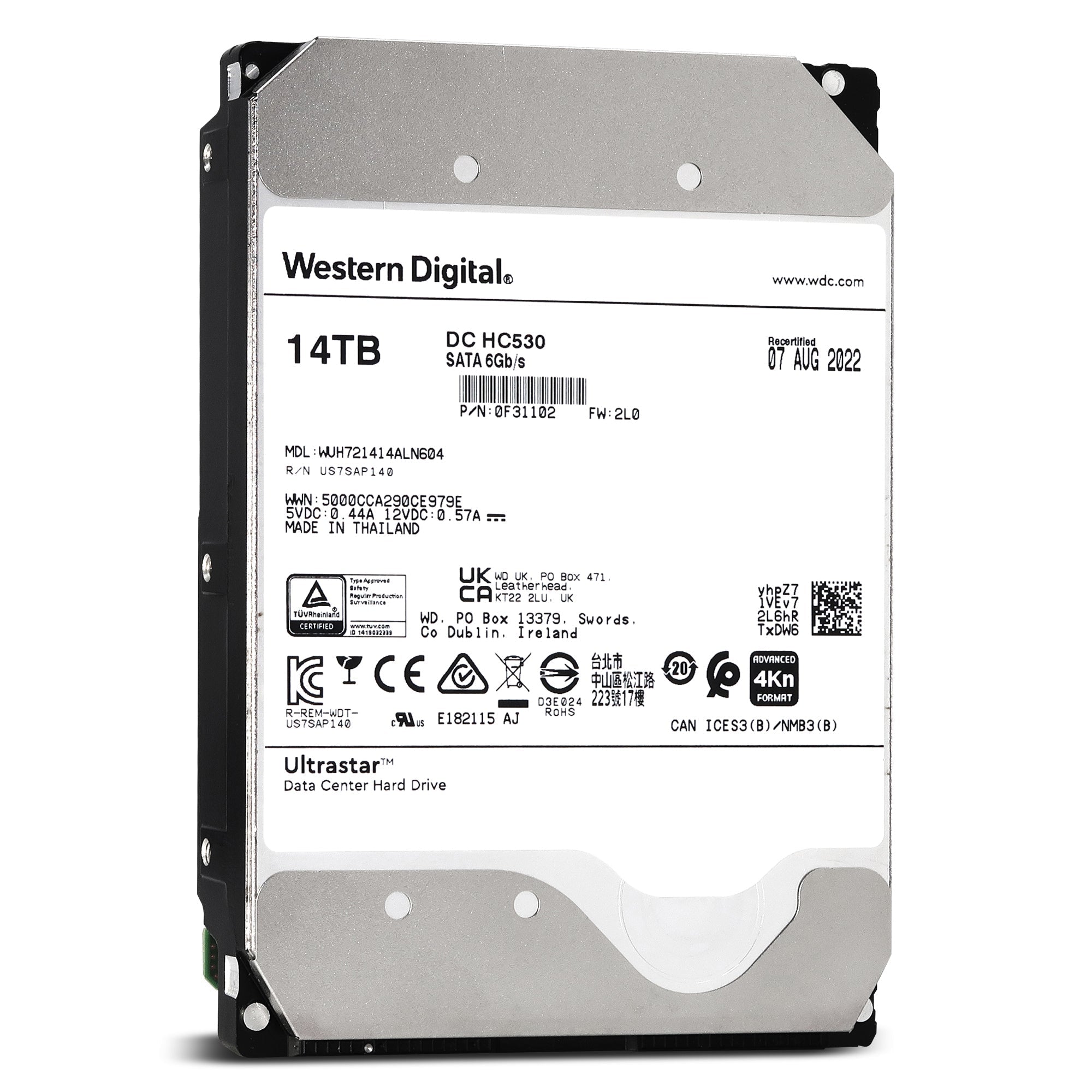 Western Digital Ultrastar DC HC530 WUH721414ALN604 0F31102 14TB 7.2K RPM SATA 6Gb/s 4Kn Power Disable 3.5in Recertified Hard Drive