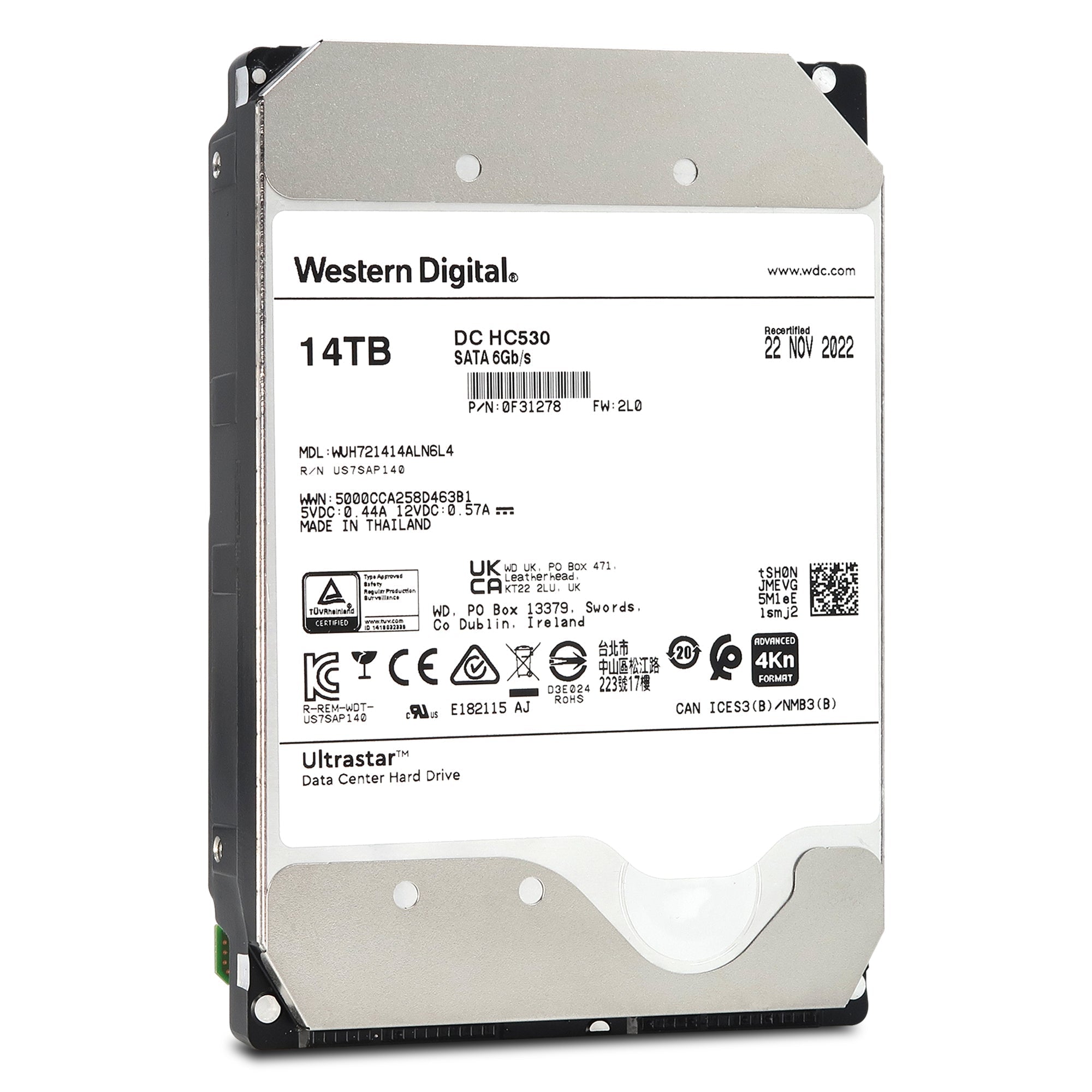 Western Digital Ultrastar DC HC530 WUH721414ALN6L4 0F31278 14TB 7.2K RPM SATA 6Gb/s 4Kn 3.5in Recertified Hard Drive
