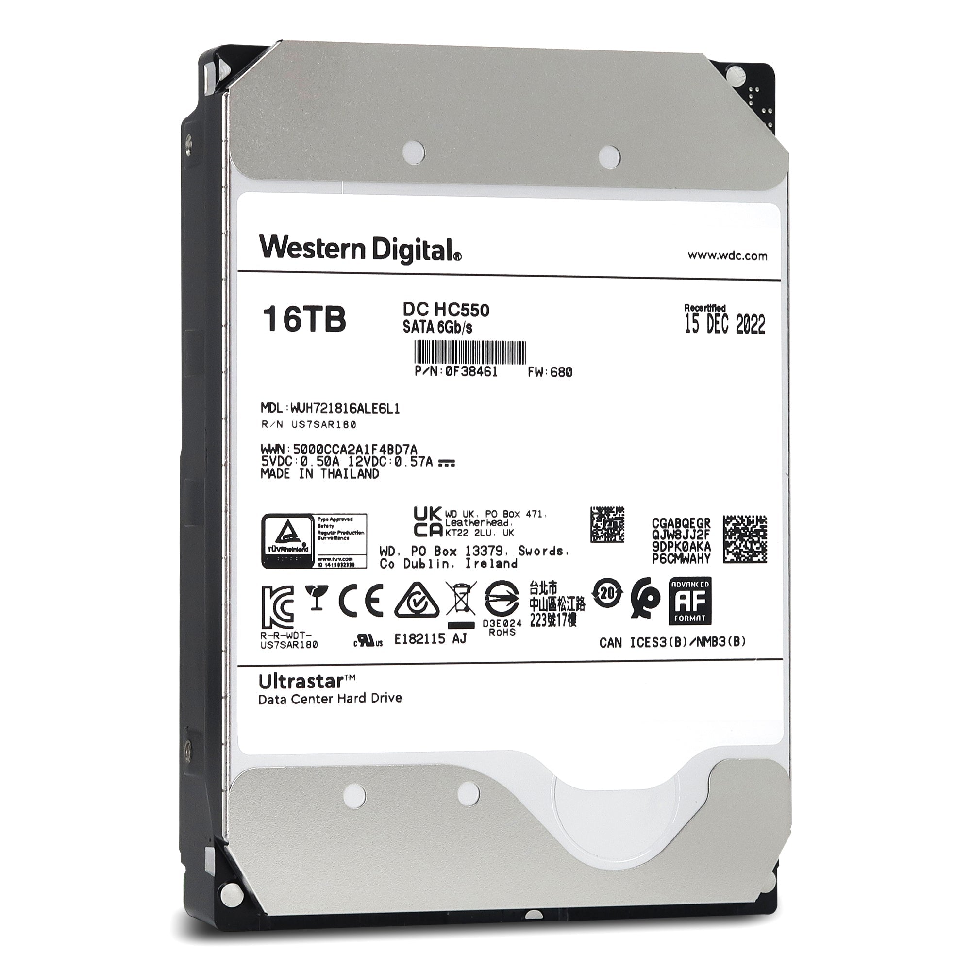 Western Digital Ultrastar DC HC550 WUH721816ALE6L1 0F38461 16TB 7200 RPM SATA 6Gb/s 512e 3.5in Recertified Hard Drive