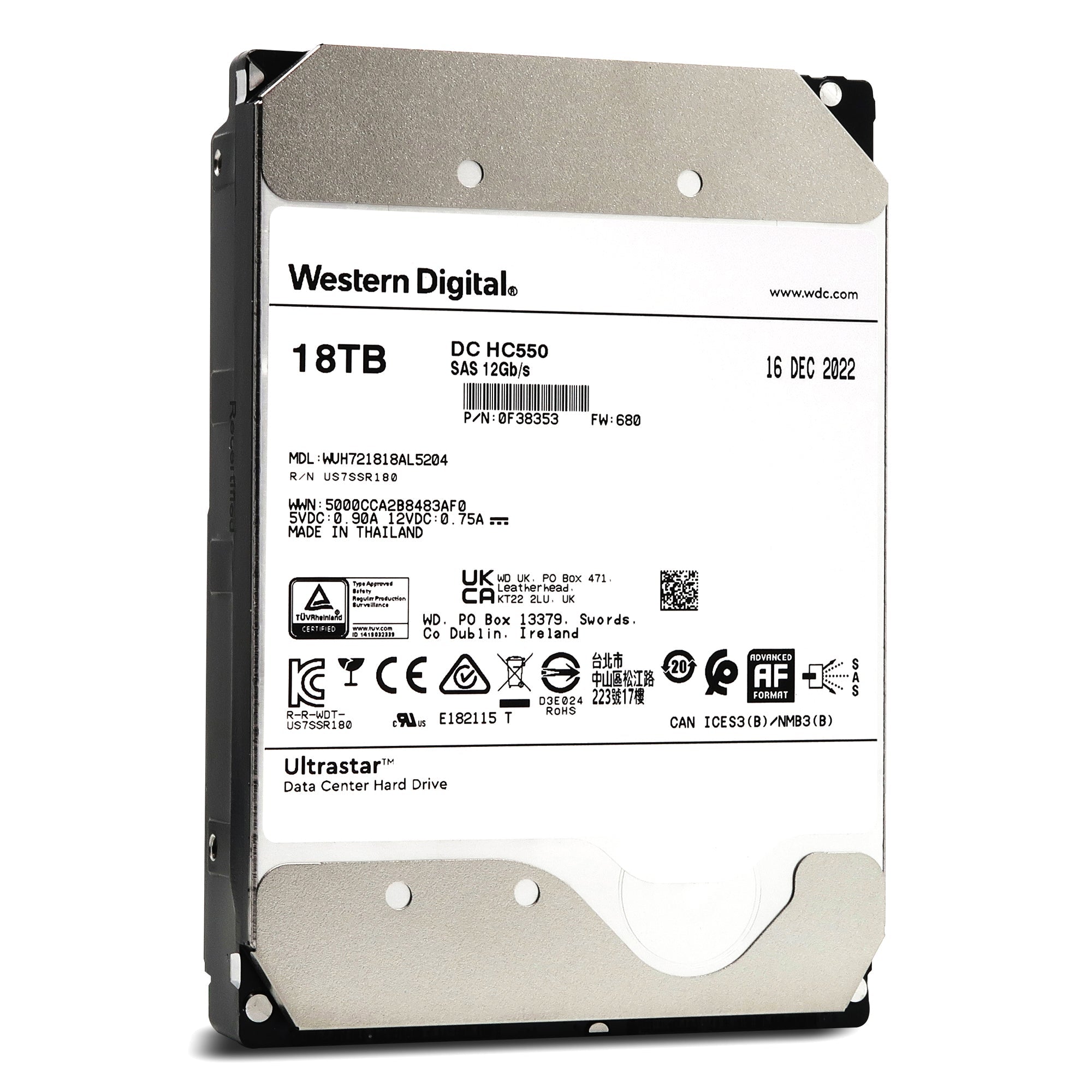 Western Digital Ultrastar DC HC550 WUH721818AL5204 0F38353 18TB 7.2K RPM SAS 12Gb/s 512e 3.5in Hard Drive