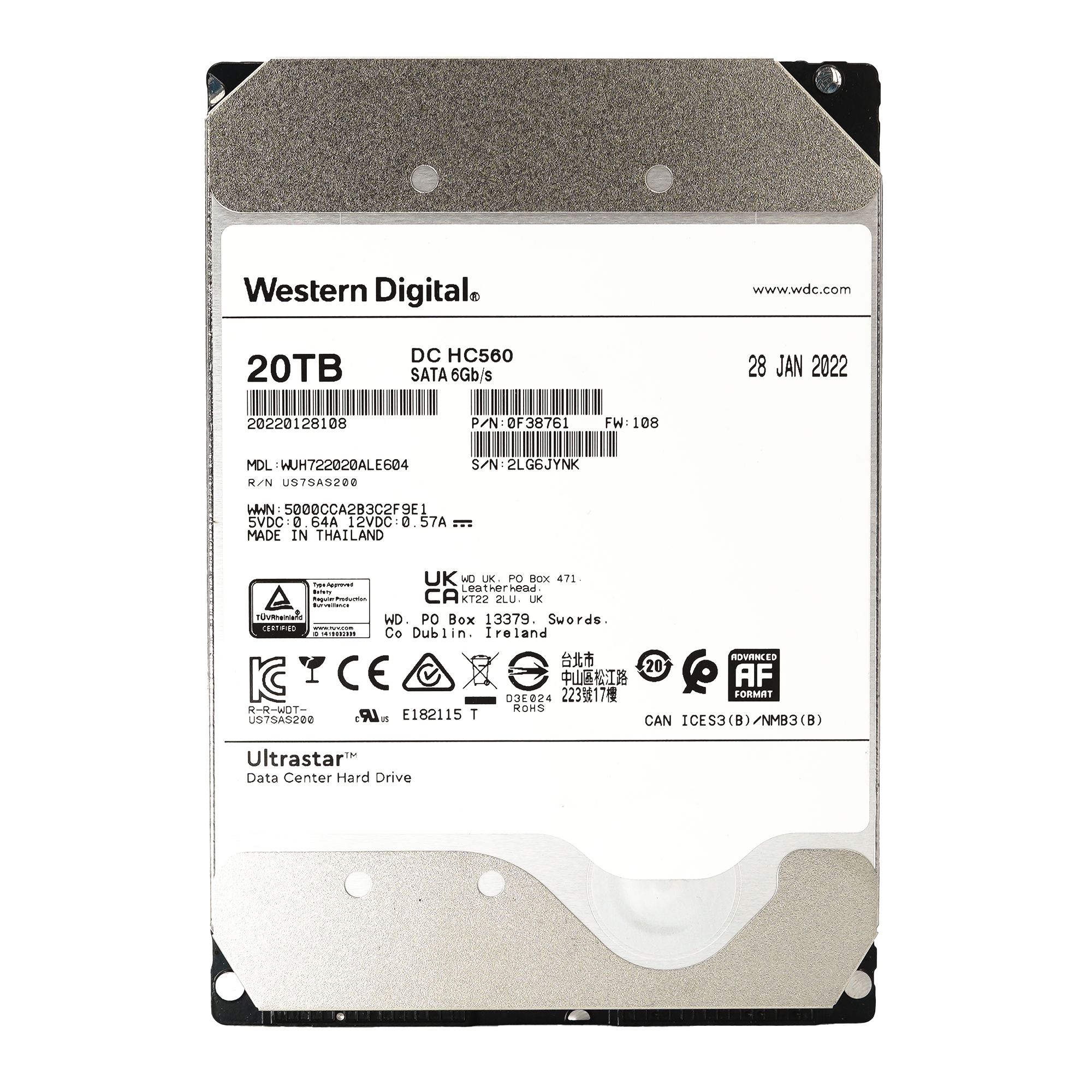 Western Digital Ultrastar HC560 WUH722020ALE604 0F38761 20TB 7.2K RPM SATA 6Gb/s 512e 3.5in Refurbished HDD