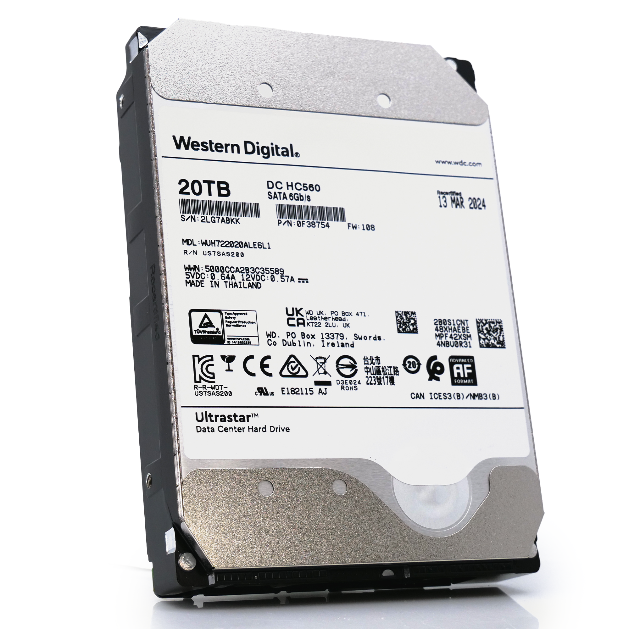 Western Digital Ultrastar DC HC560 WUH722020ALE6L1 0F38754 20TB 7.2K RPM SATA 6Gb/s SED 3.5in Recertified Hard Drive